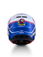 Alpinestars S-M7 Blaster Helm ECE06, blauwe en witte motocrosshelm, achteraanzicht met unieke roos- en oog-grafiek, ECE 22.06 gecertificeerd, aerodynamisch ontwerp voor off-road racing en motorcross.