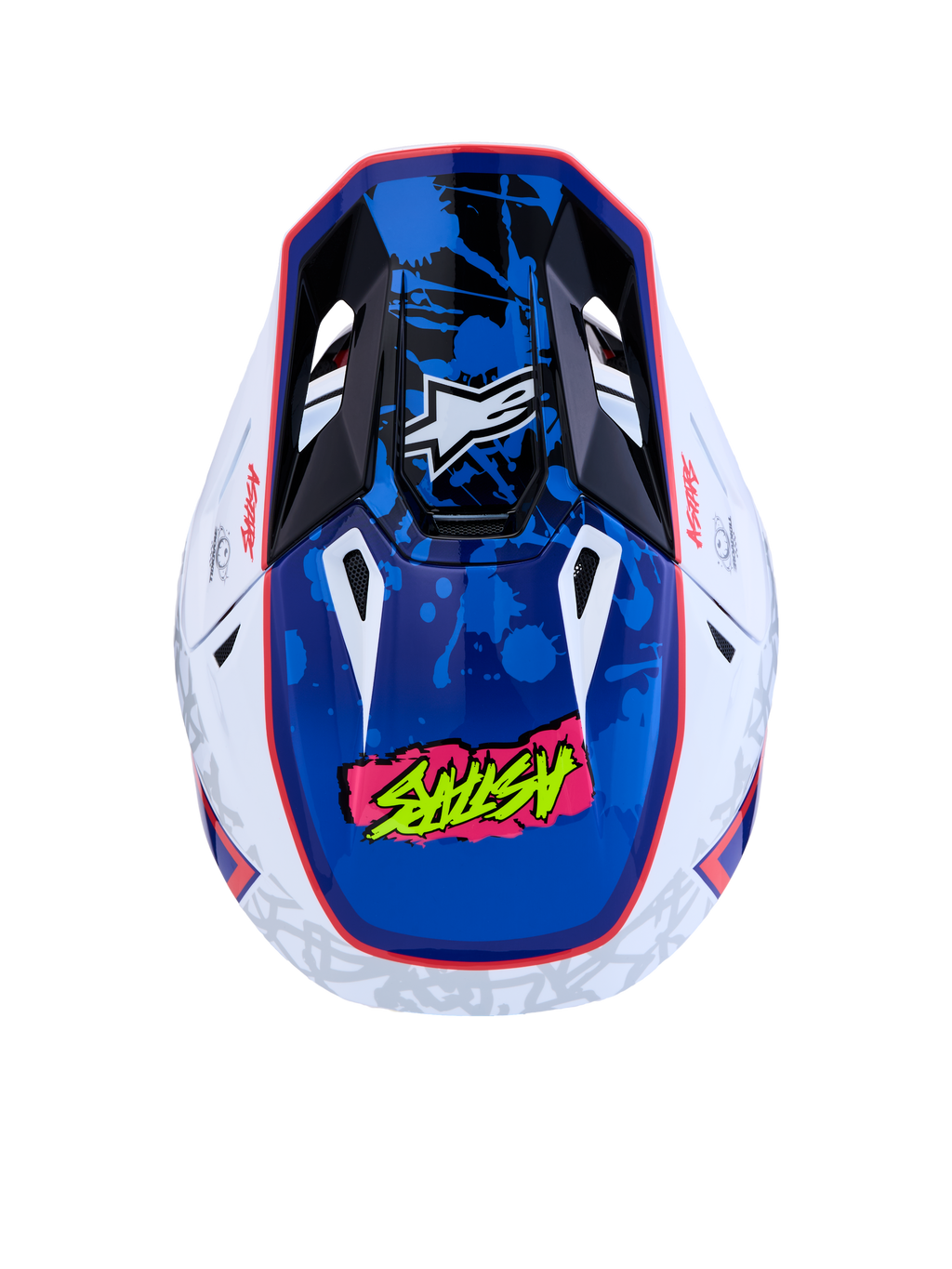 Alpinestars S-M7 Blaster motocrosshelm, wit en blauw, ECE 22.06-gecertificeerd, glanzende verfspatgraphics.