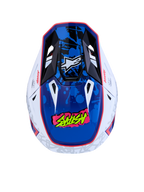 Alpinestars S-M7 Blaster motocrosshelm, wit en blauw, ECE 22.06-gecertificeerd, glanzende verfspatgraphics.