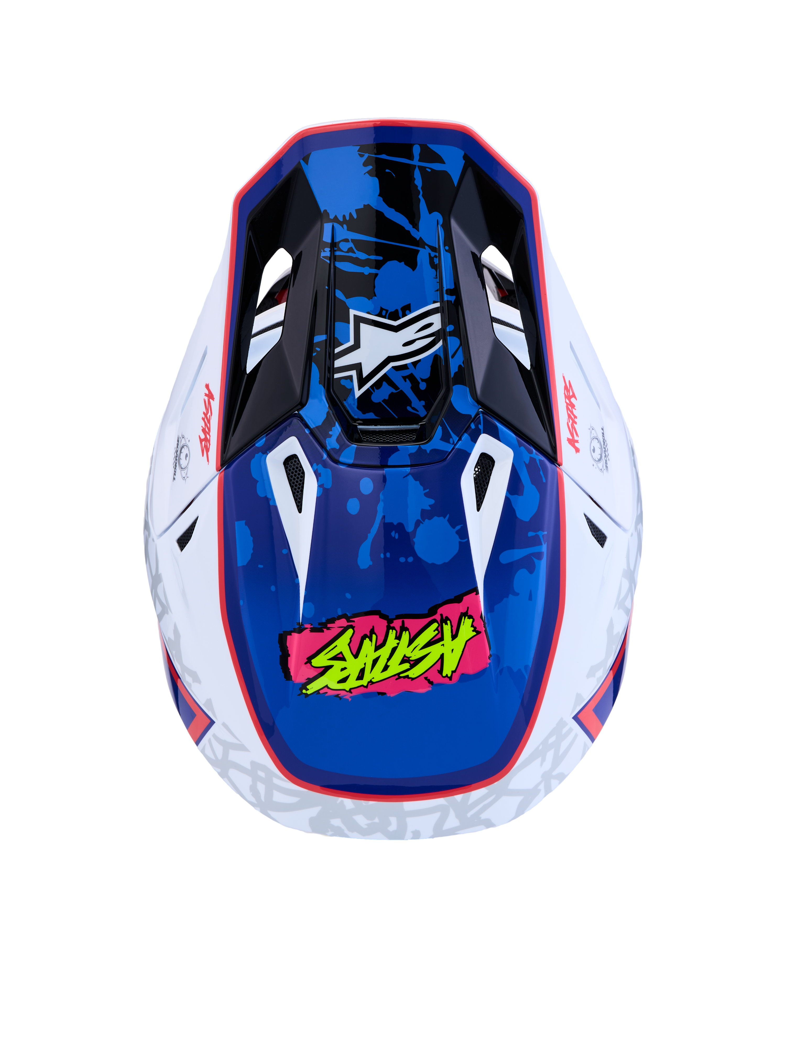 Alpinestars S-M7 Blaster motocrosshelm, wit en blauw, ECE 22.06-gecertificeerd, glanzende verfspatgraphics.