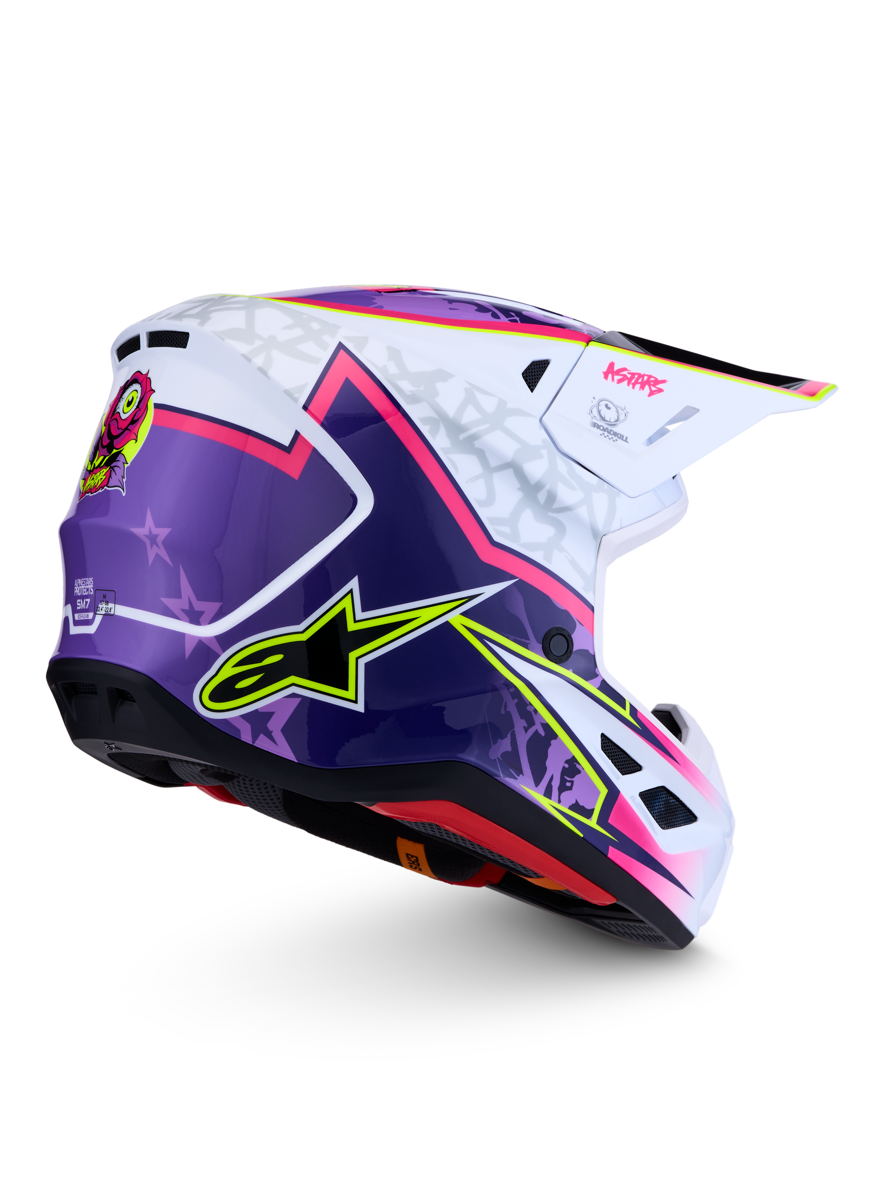 Alpinestars S-M7 Blaster Helmet, purple pink and white glossy motocross gear, aerodynamic shell, ECE 22.06 certified.