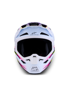 Alpinestars S-M7 Blaster Helmet ECE06, white motocross helmet with purple and pink glossy graphics for off-road racing.
