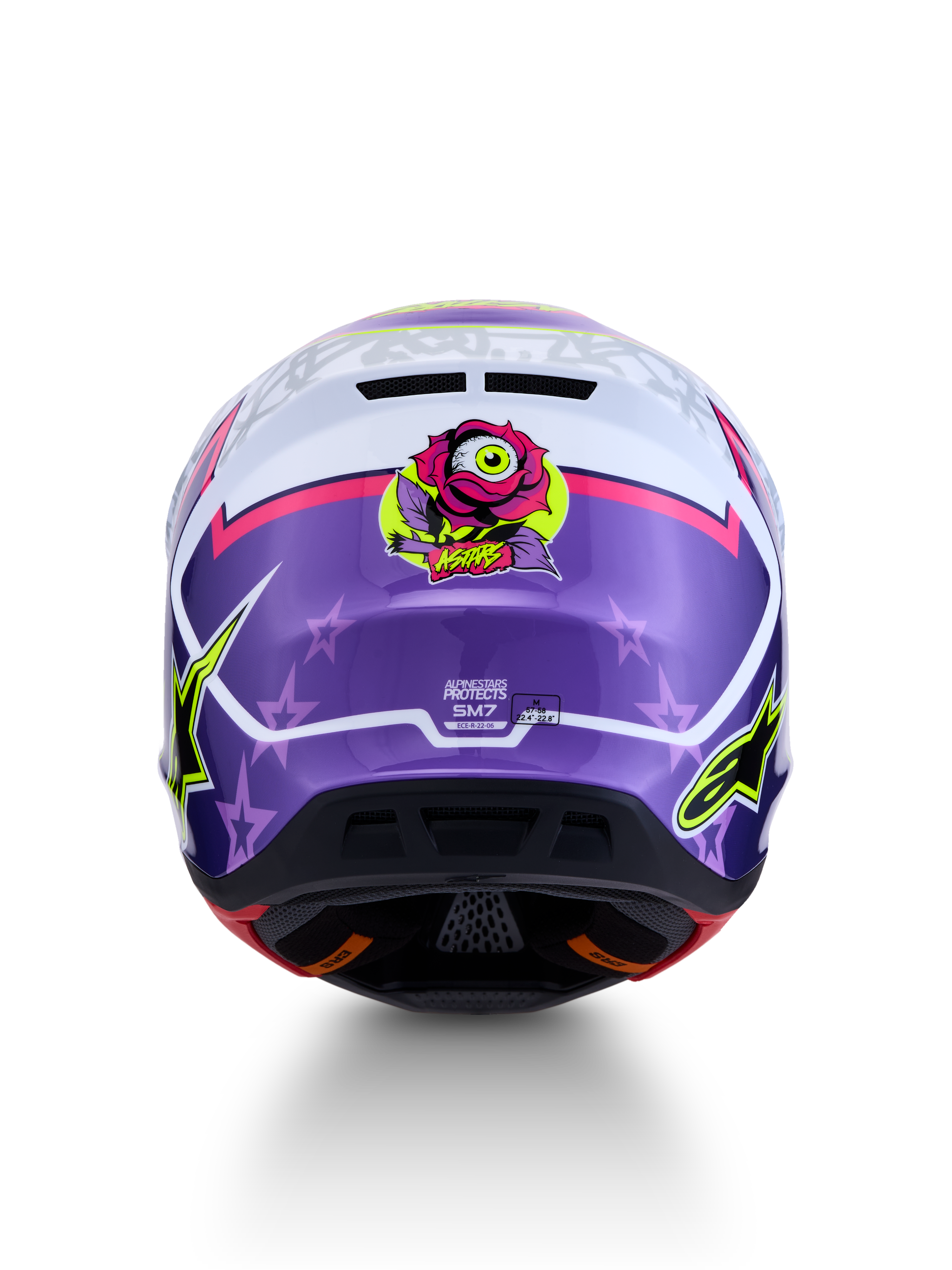 Alpinestars S-M7 Blaster Helmet ECE06, purple and pink glossy motocross helmet with rear rose graphic and star motifs.