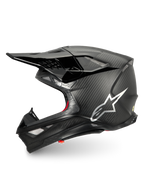Alpinestars Supertech M10 Fame, casque de motocross noir carbone mat et brillant, logo argenté, certifié ECE 22.06.