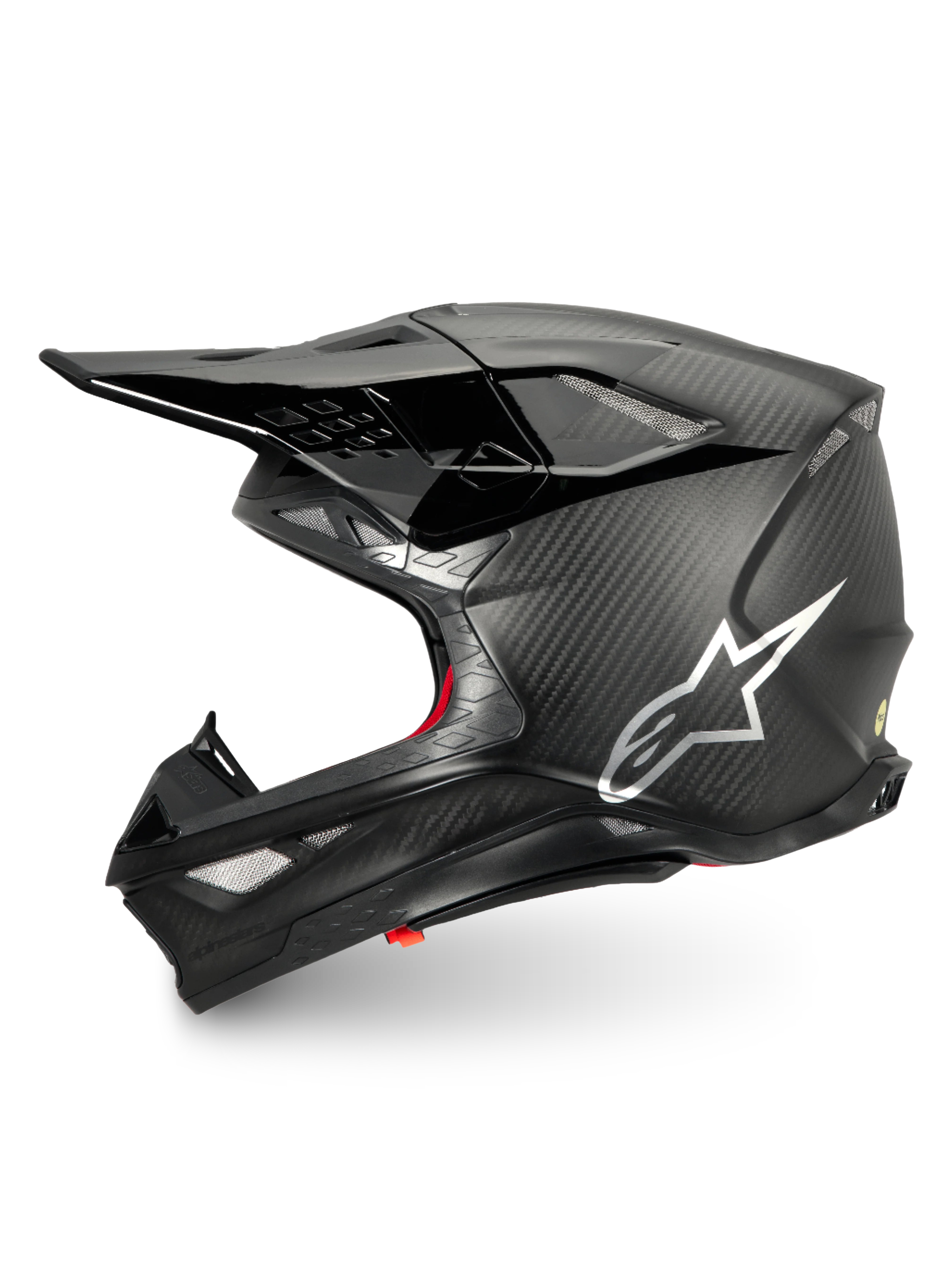 Alpinestars Supertech M10 Fame, casque de motocross noir carbone mat et brillant, logo argenté, certifié ECE 22.06.