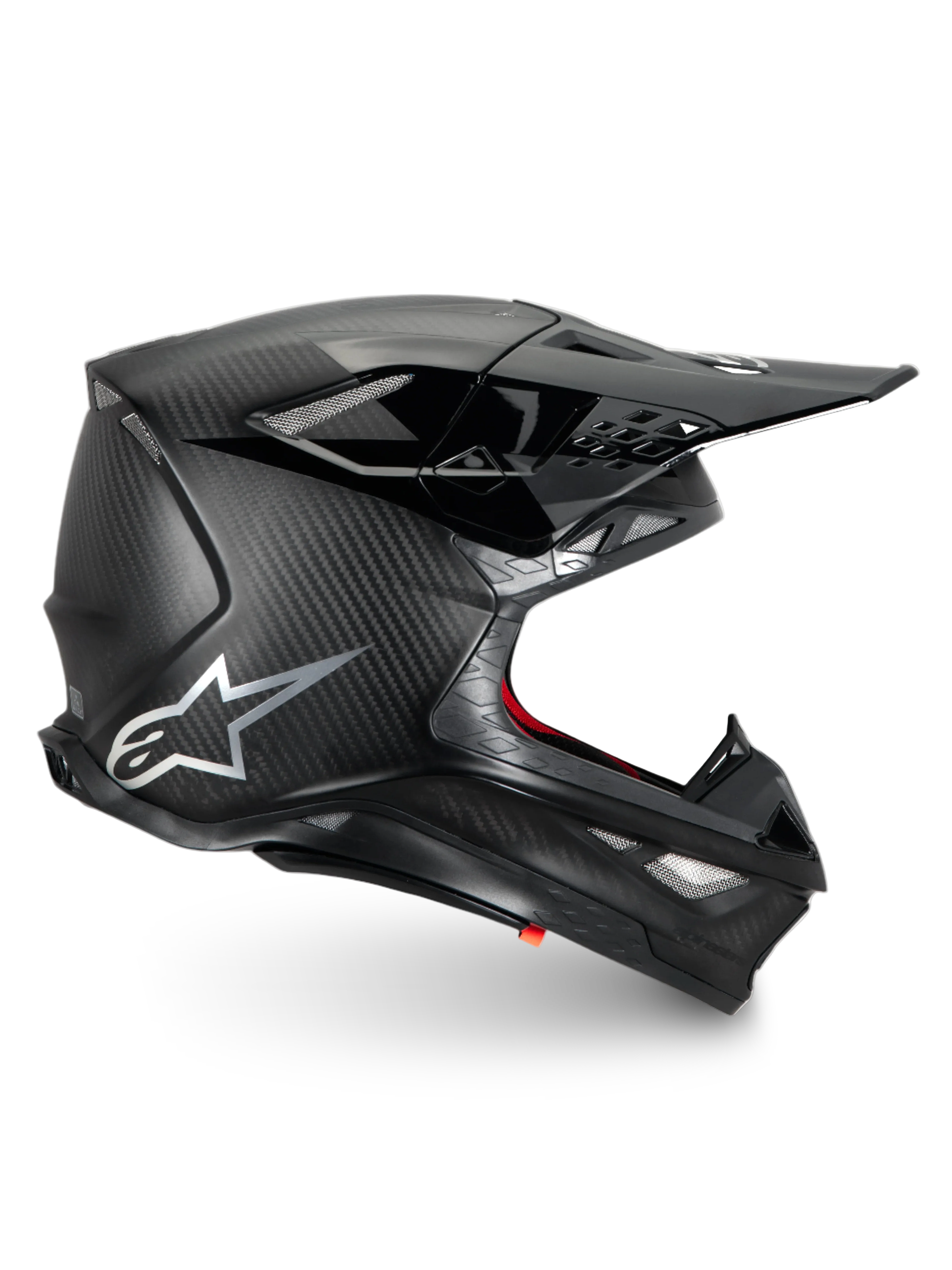 Alpinestars Supertech M10 Fame, casque de motocross en fibre de carbone noir mat, certifié ECE 22.06, protection de course tout-terrain.