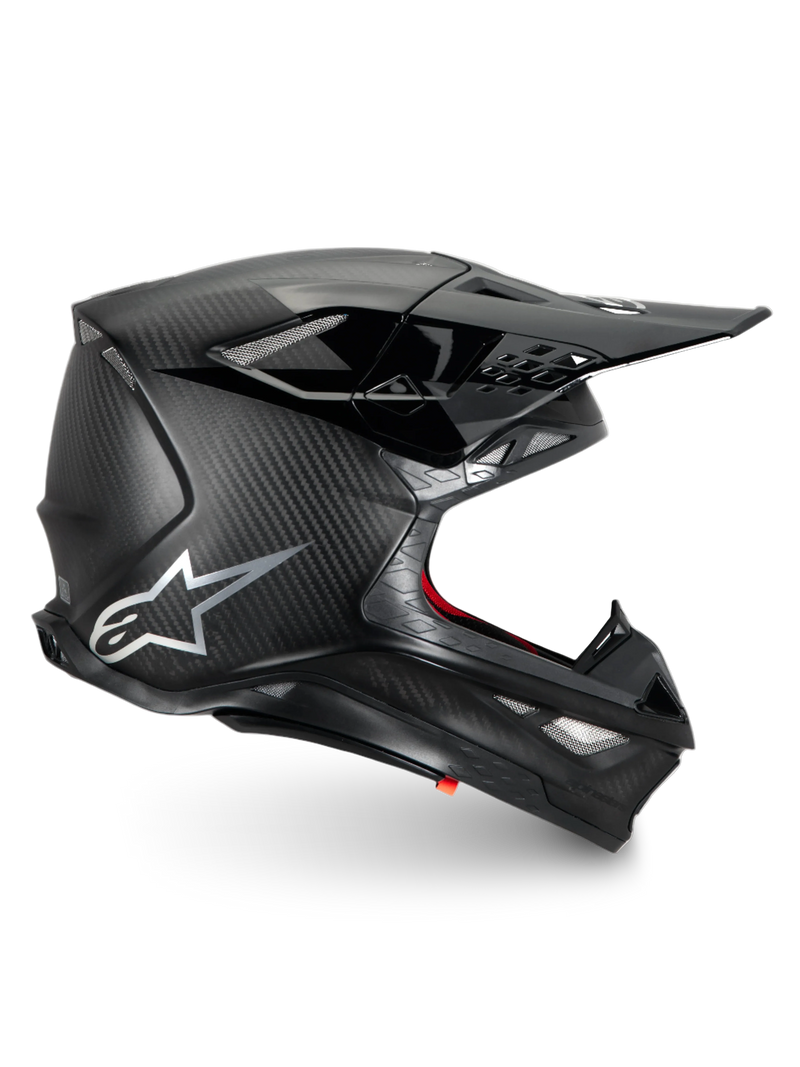 Alpinestars Supertech M10 Fame, casque de motocross en fibre de carbone noir mat, certifié ECE 22.06, protection de course tout-terrain.