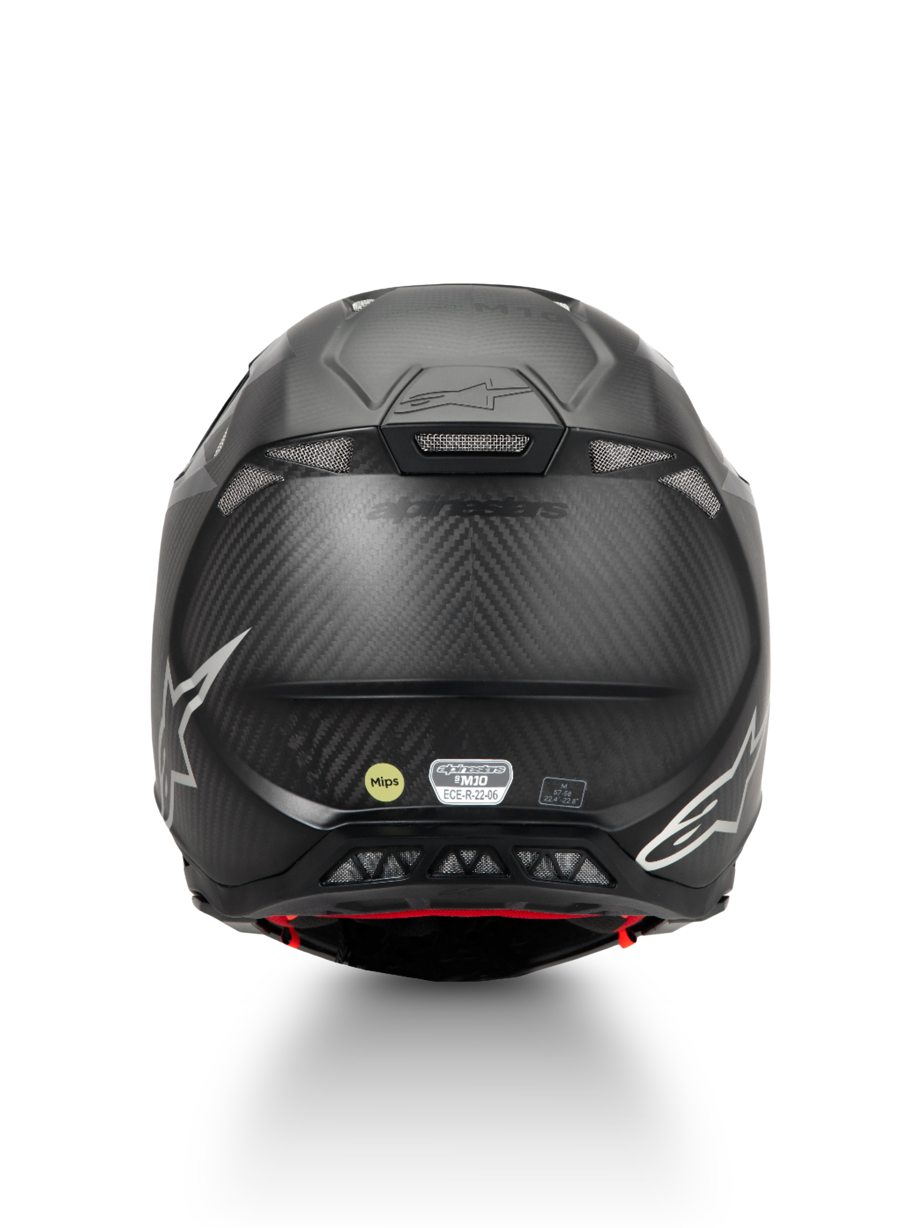 Alpinestars Supertech M10 Fame, casque de motocross en carbone noir mat, protection MIPS, ECE 22.06, vue de dos.