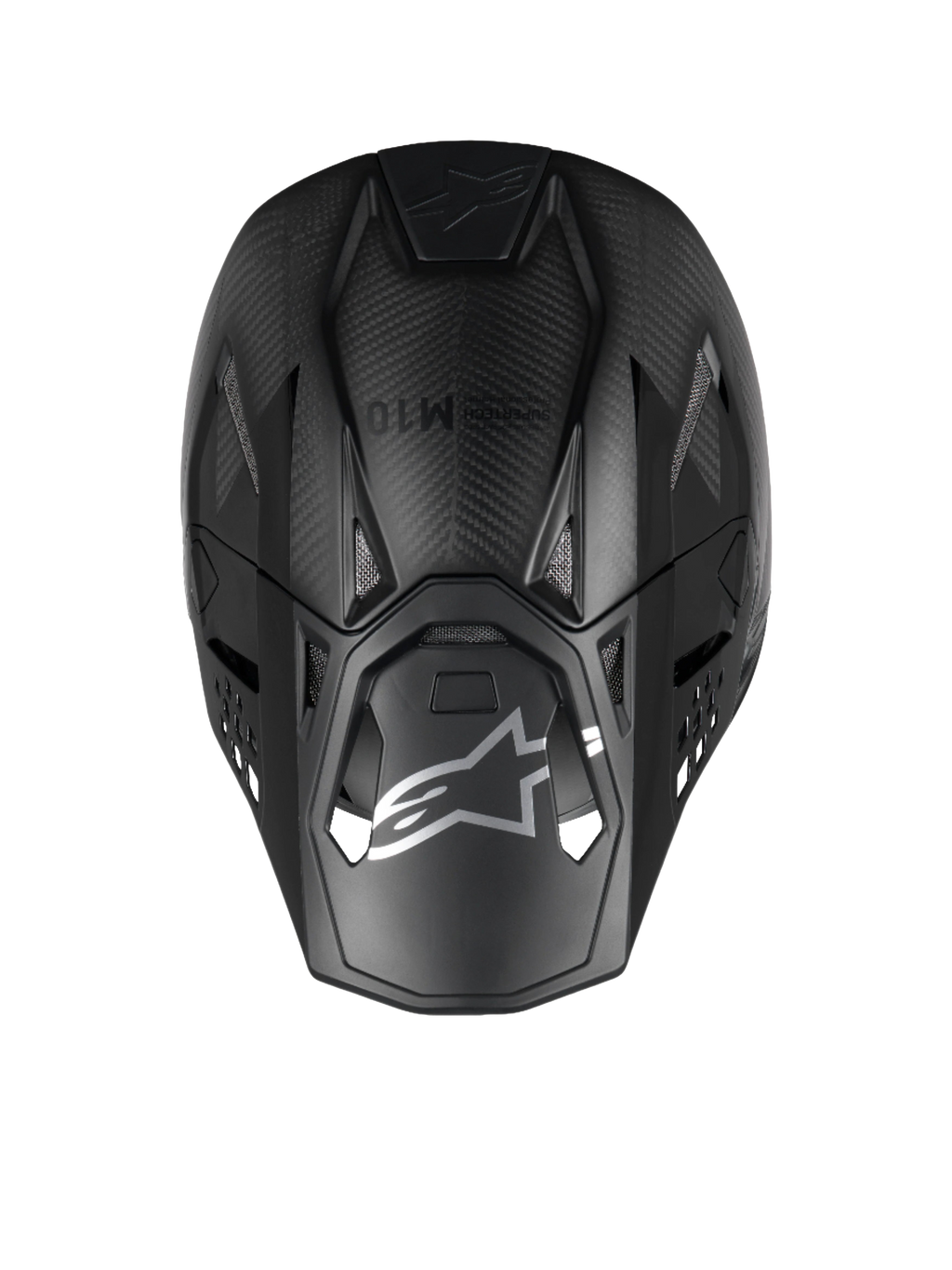 Casque de motocross Alpinestars Supertech M10 Fame, vue de dessus, noir mat et brillant, construction en carbone 3K.