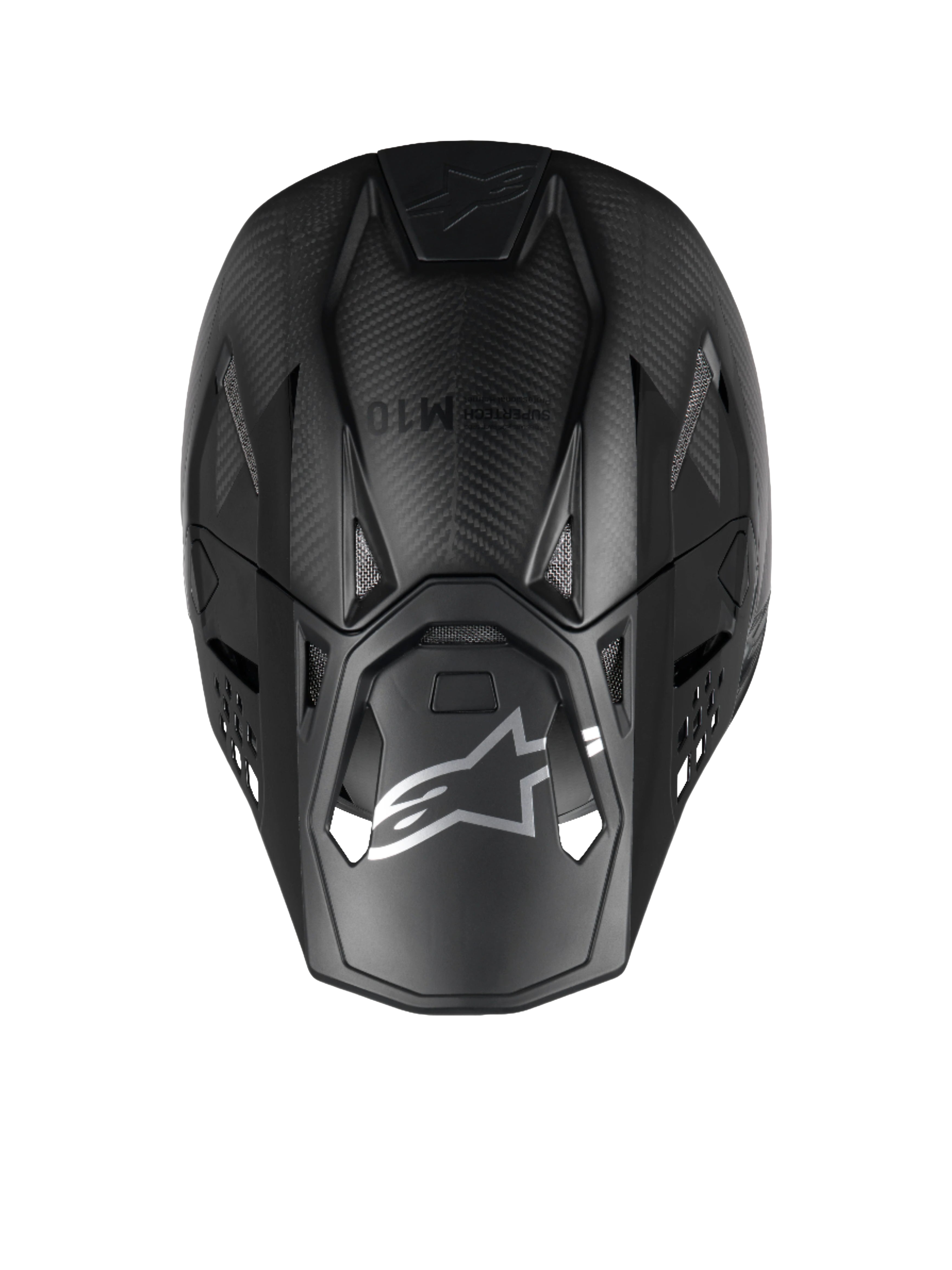Casque de motocross Alpinestars Supertech M10 Fame, vue de dessus, noir mat et brillant, construction en carbone 3K.