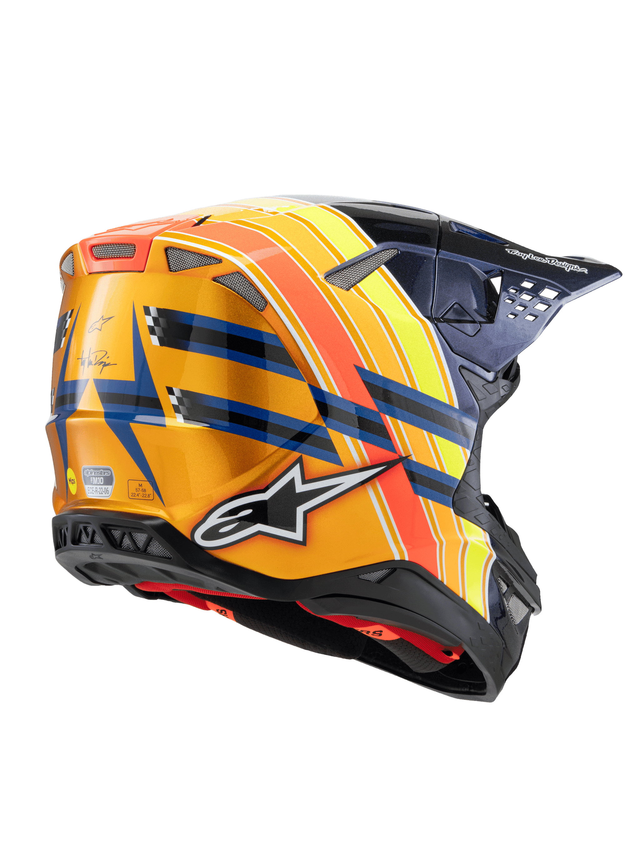 Alpinestars Supertech M10 TLD Edition 25 Helm, motorcrosshelm, donkerblauw, oranje en fluogeel met rood, driekwart achteraanzicht met glanzende afwerking, opvallend Alpinestars-logo, Troy Lee Designs-branding en geïntegreerde ventilatiepoorten.