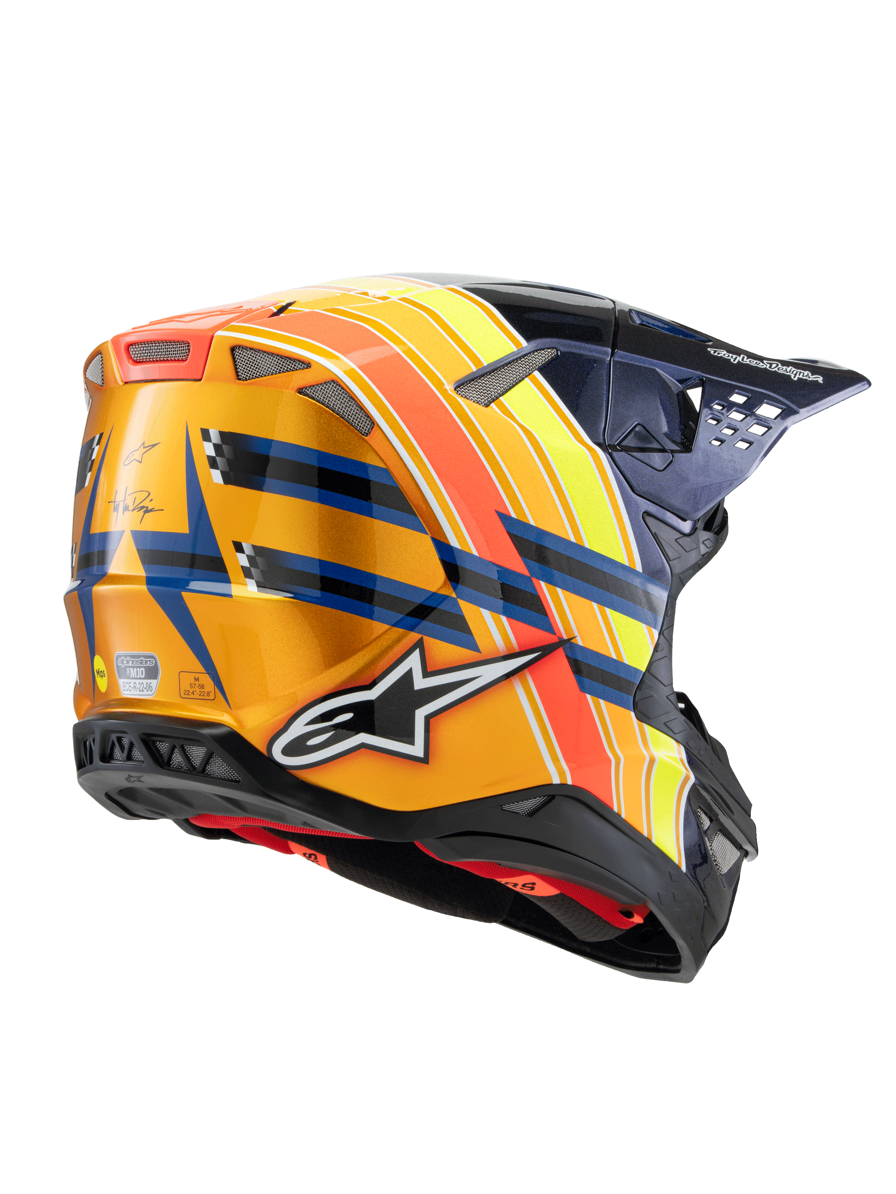 Casque Alpinestars Supertech M10 TLD Edition 25, casque de motocross, bleu foncé, orange et jaune fluo avec du rouge, vue de trois-quarts arrière montrant une finition brillante, logo Alpinestars, marquage Troy Lee Designs et ports de ventilation intégrés