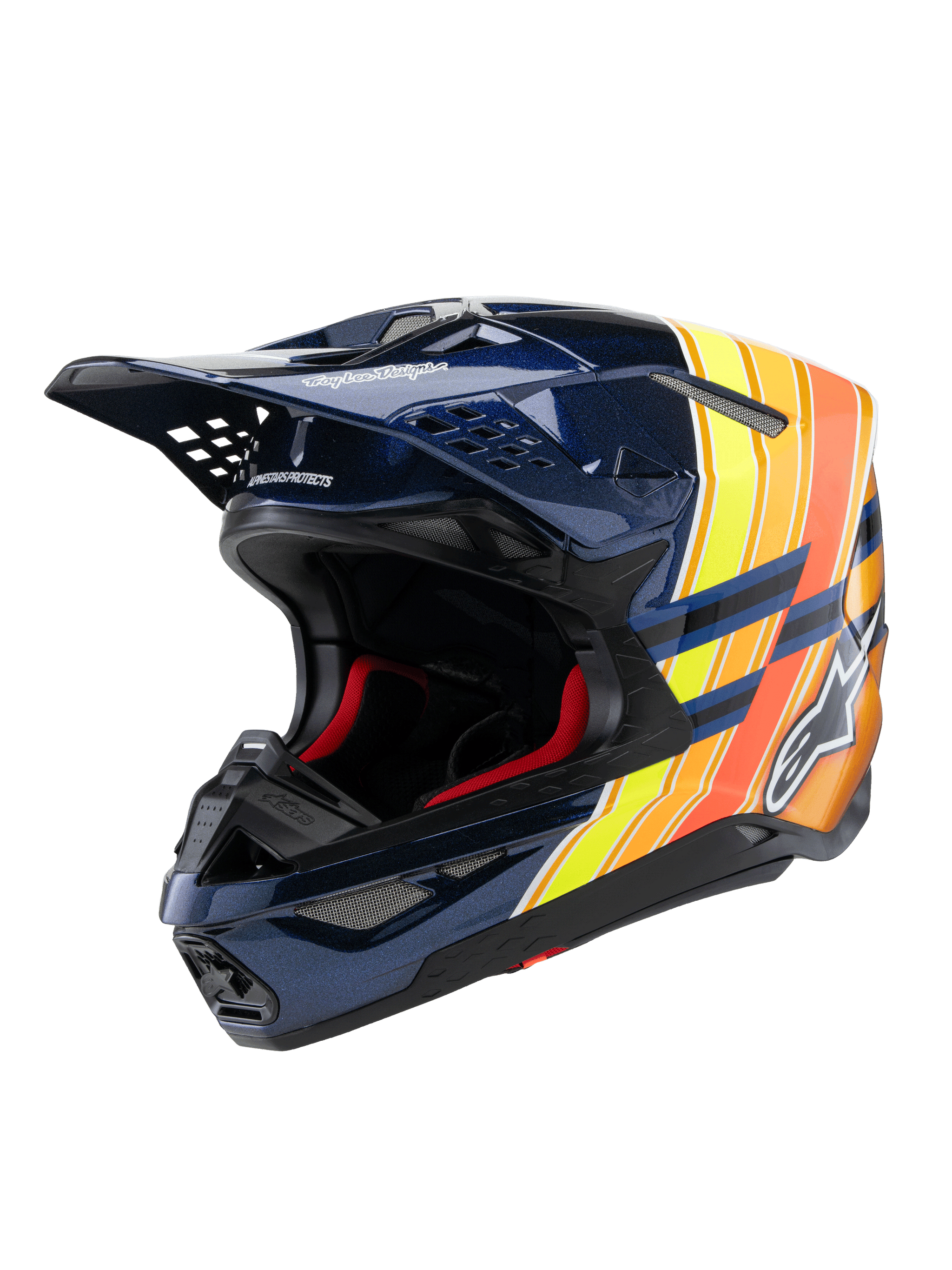 Alpinestars Supertech M10 TLD Edition 25 helm, motorcrosshelm, glanzend donkerblauw met oranje en gele fluo graphics, rode binnenvoering, aerodynamische schaal met meerdere ventilatieopeningen, Troy Lee Designs branding op de klep, professionele off-road race-uitrusting