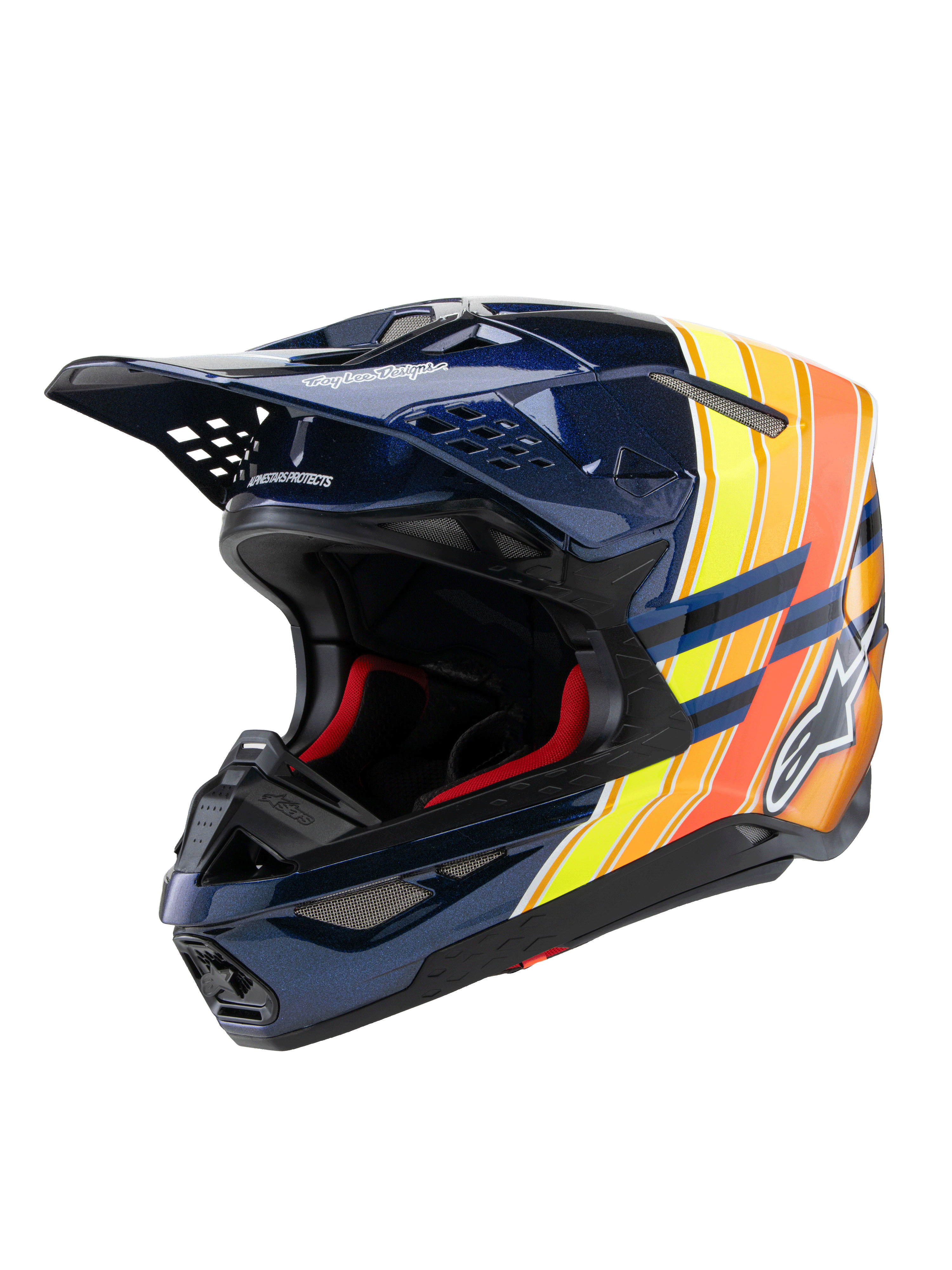 Casque Alpinestars Supertech M10 TLD Edition 25, casque de motocross, bleu foncé brillant avec graphismes orange et jaune fluo, doté d'un rembourrage intérieur rouge, coque aérodynamique avec plusieurs orifices de ventilation, logo Troy Lee Designs sur la visière, équipement professionnel de course tout-terrain