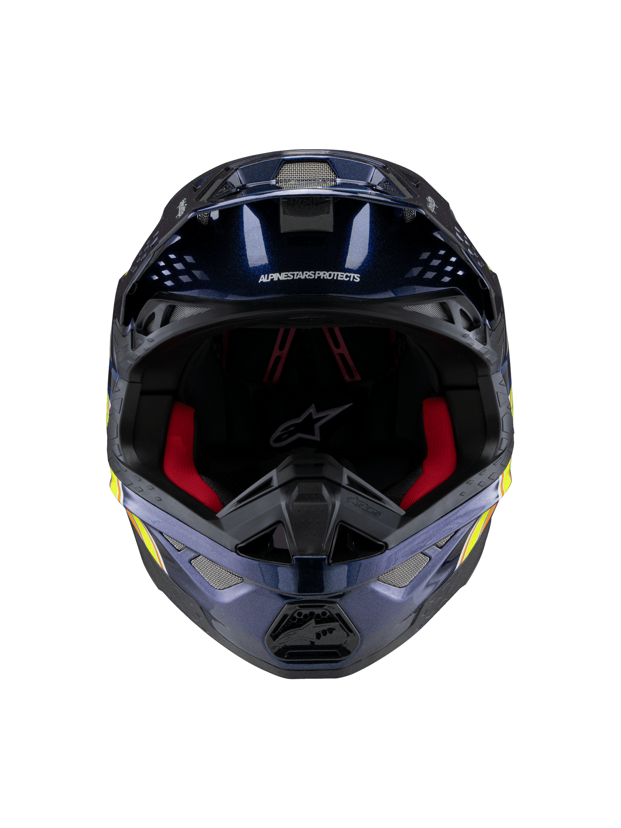 Alpinestars Supertech M10 TLD Edition 25 helm, motocrosshelm, glanzend metallic donkerblauw met rode binnenvoering, vooraanzicht met ventilatieroosters en graphics in geel en oranje aan de zijkant, hoogwaardige off-road racebescherming