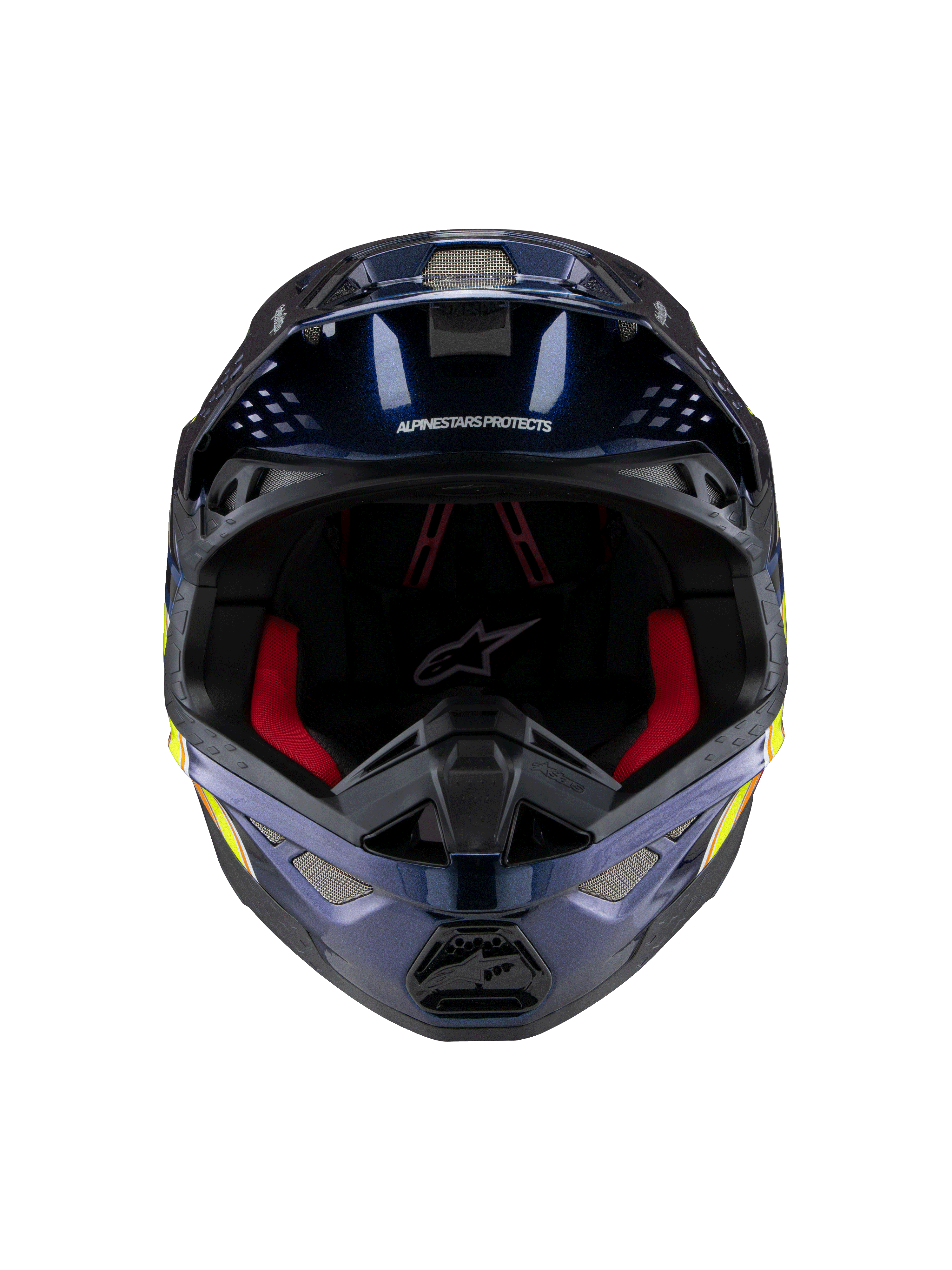 Casque Alpinestars Supertech M10 TLD Edition 25, casque de motocross, bleu foncé métallisé brillant avec rembourrage intérieur rouge, vue de face montrant les grilles de ventilation et les graphismes latéraux jaunes et oranges, protection haut de gamme pour la course tout-terrain.