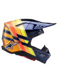Casque Alpinestars Supertech M10 TLD Edition 25, casque de motocross, bleu métallisé foncé avec rayures orange, jaunes et rouges éclatantes, vue de profil, finition brillante avec logos Alpinestars et Troy Lee Designs, coque aérodynamique avec multiples aérations en mesh pour la course tout-terrain