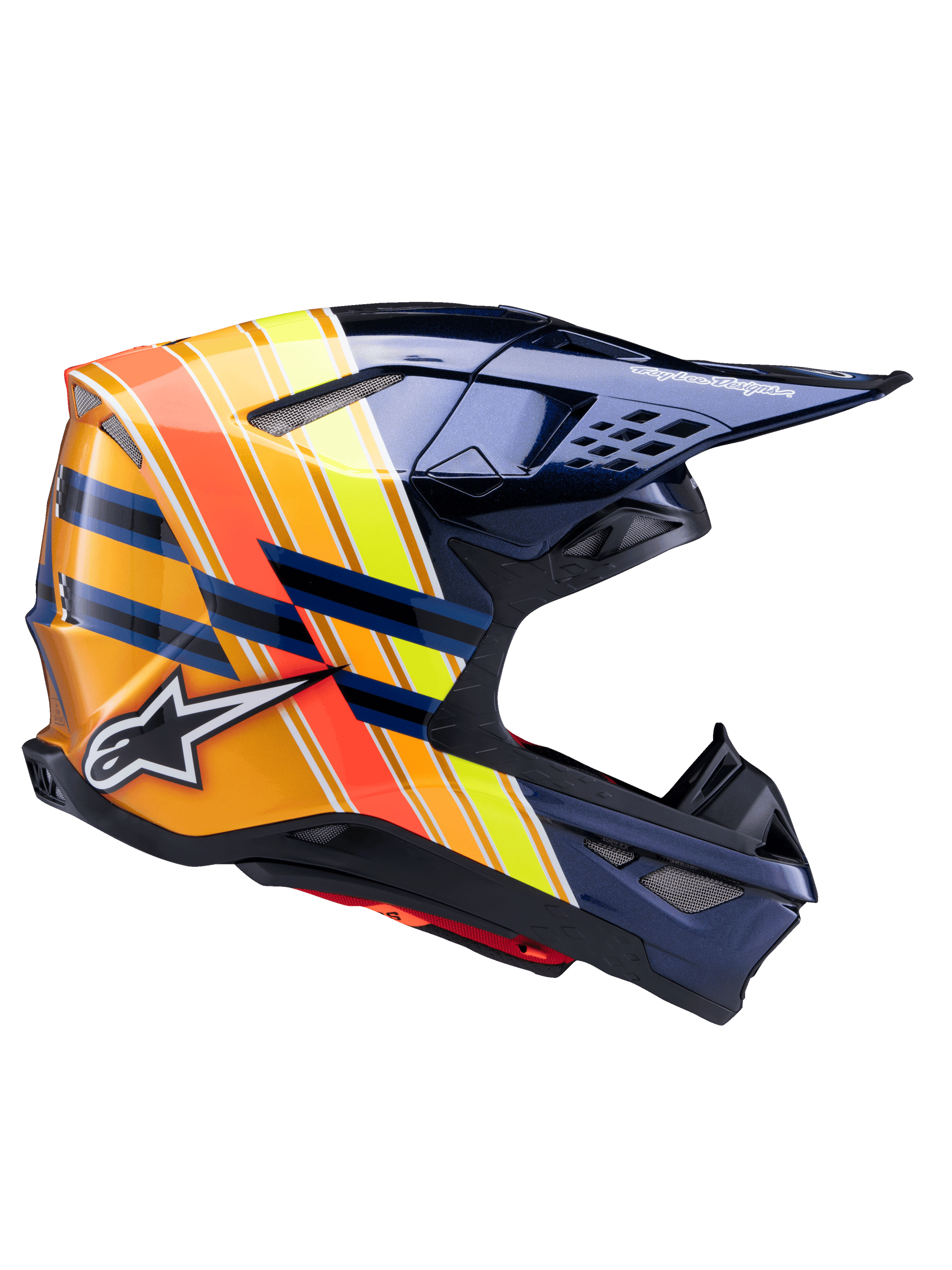 Alpinestars Supertech M10 TLD Edition 25 helm, motorcrosshelm, donker metallic blauw met levendige oranje, gele en rode strepen, zijaanzicht, glanzende afwerking met Alpinestars en Troy Lee Designs branding, aerodynamische schaal met meerdere mesh-ventilatieopeningen voor off-road racen