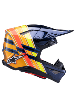 Alpinestars Supertech M10 TLD Edition 25 Helmet, Motocross Helmet, Dark Metallic Blue with vibrant orange, yellow, and red stripes, side profile view, glossy finish featuring Alpinestars and Troy Lee Designs branding, aerodynamic shell with multiple mesh vents for off-road racing
