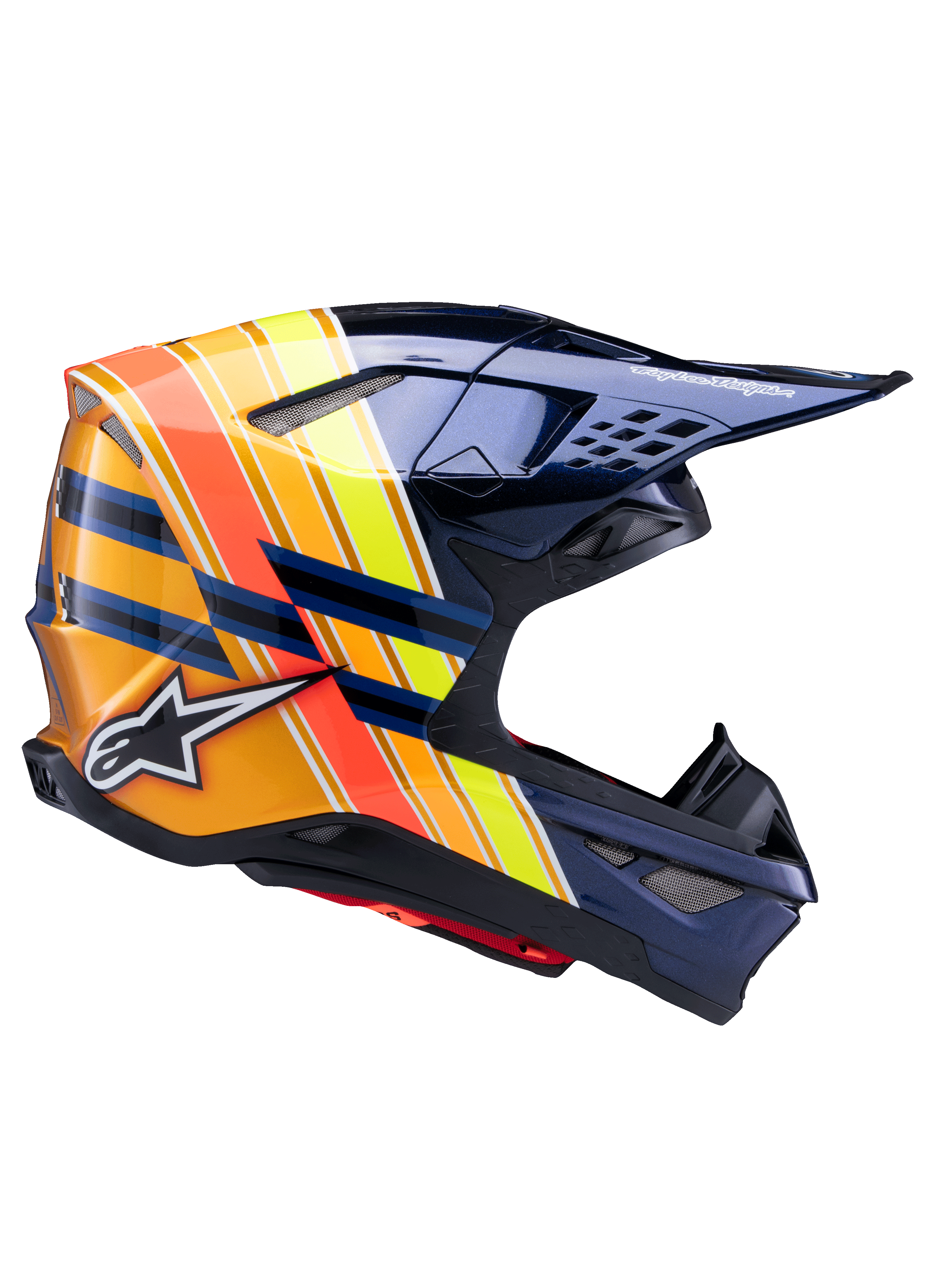 Alpinestars Supertech M10 TLD Edition 25 Helm, Motocross-Helm, Dunkles Metallic-Blau mit leuchtenden orangefarbenen, gelben und roten Streifen, Seitenprofilansicht, glänzendes Finish mit Alpinestars- und Troy Lee Designs-Branding, aerodynamische Schale mit mehreren Mesh-Belüftungsöffnungen für den Offroad-Rennsport