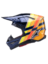 Alpinestars Supertech M10 TLD Edition 25 helm, zijprofiel, glanzend donkerblauw met levendige oranje, gele en fluorescerend rode grafische strepen, voorzien van het witte Alpinestars-logo en Troy Lee Designs-branding, geavanceerde motorcrosshelm voor off-road prestaties