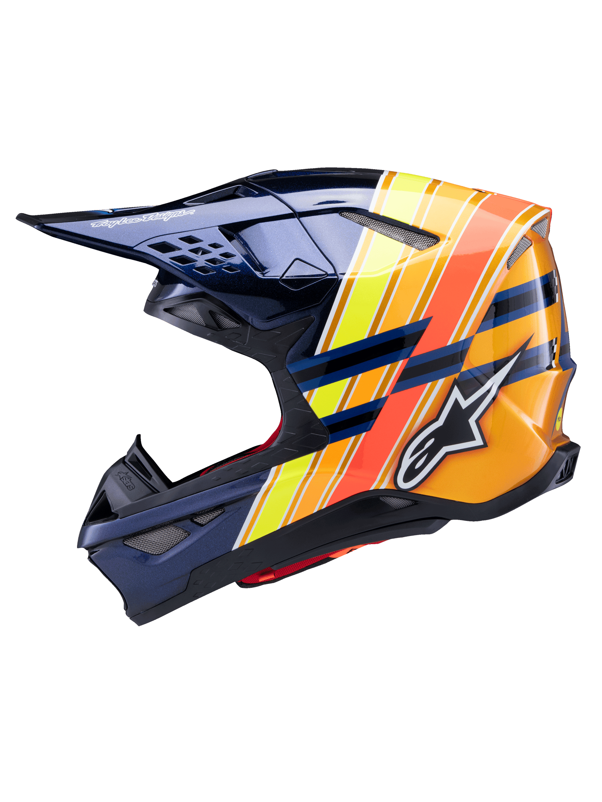 Alpinestars Supertech M10 TLD Edition 25 helm, zijprofiel, glanzend donkerblauw met levendige oranje, gele en fluorescerend rode grafische strepen, voorzien van het witte Alpinestars-logo en Troy Lee Designs-branding, geavanceerde motorcrosshelm voor off-road prestaties