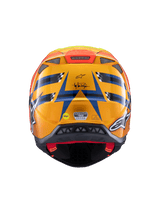 Alpinestars Supertech M10 TLD Edition 25 helm, motorcrosshelm, achteraanzicht, glanzend oranje en blauw met fluorescerend gele en rode accenten, met Troy Lee Designs-branding en MIPS-veiligheidssysteem, aerodynamisch ontwerp met ventilatieopeningen