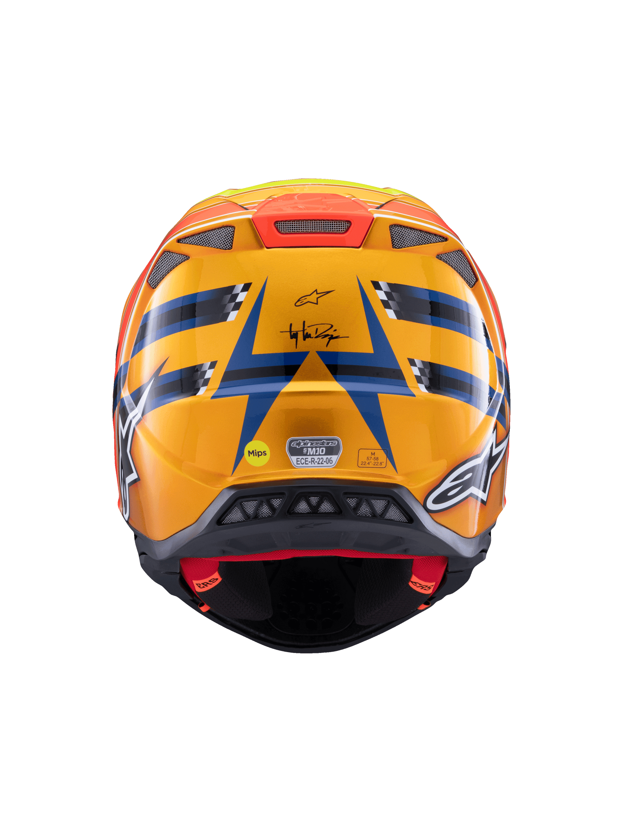 Alpinestars Supertech M10 TLD Edition 25 helm, motorcrosshelm, achteraanzicht, glanzend oranje en blauw met fluorescerend gele en rode accenten, met Troy Lee Designs-branding en MIPS-veiligheidssysteem, aerodynamisch ontwerp met ventilatieopeningen