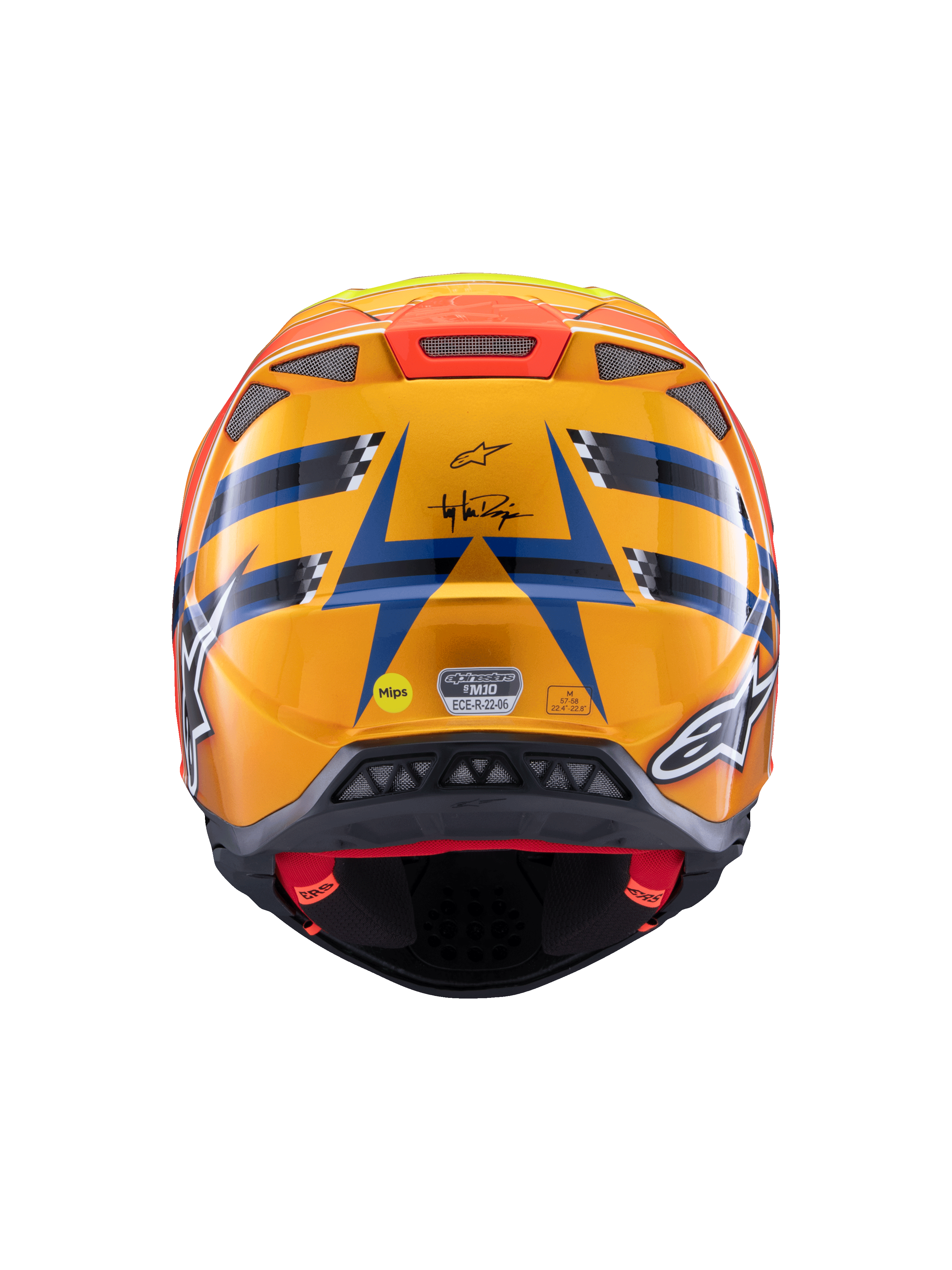 Casque Alpinestars Supertech M10 TLD Edition 25, casque de motocross, vue arrière, orange et bleu brillant avec accents jaune fluorescent et rouge, logo Troy Lee Designs et système de sécurité MIPS, design aérodynamique avec orifices d'évacuation