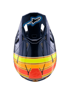 Casque Alpinestars Supertech M10 TLD Edition 25, casque de motocross, bleu foncé brillant avec des rayures orange, jaune fluo et rouges, vue de dessus montrant la visière avec le logo Astar et les orifices de ventilation en maille, équipement de course tout-terrain professionnel