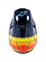 Alpinestars Supertech M10 TLD Edition 25 helm, motorcrosshelm, glanzend donkerblauw met oranje, fluo geel en rode strepen, bovenaanzicht met het vizier met Astar-logo en mesh-ventilatieopeningen, professionele off-road race-uitrusting