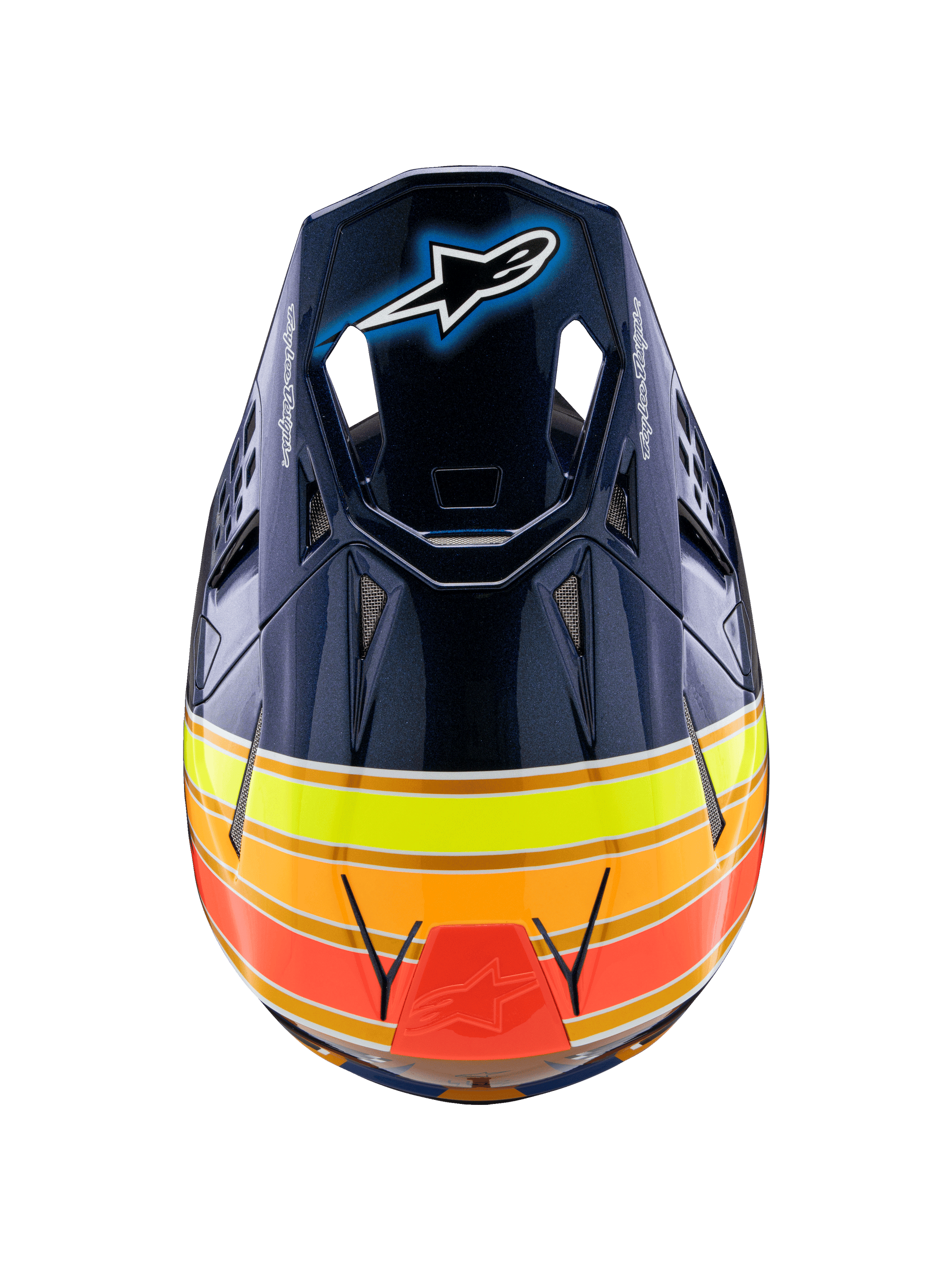 Alpinestars Supertech M10 TLD Edition 25 helm, motorcrosshelm, glanzend donkerblauw met oranje, fluo geel en rode strepen, bovenaanzicht met het vizier met Astar-logo en mesh-ventilatieopeningen, professionele off-road race-uitrusting