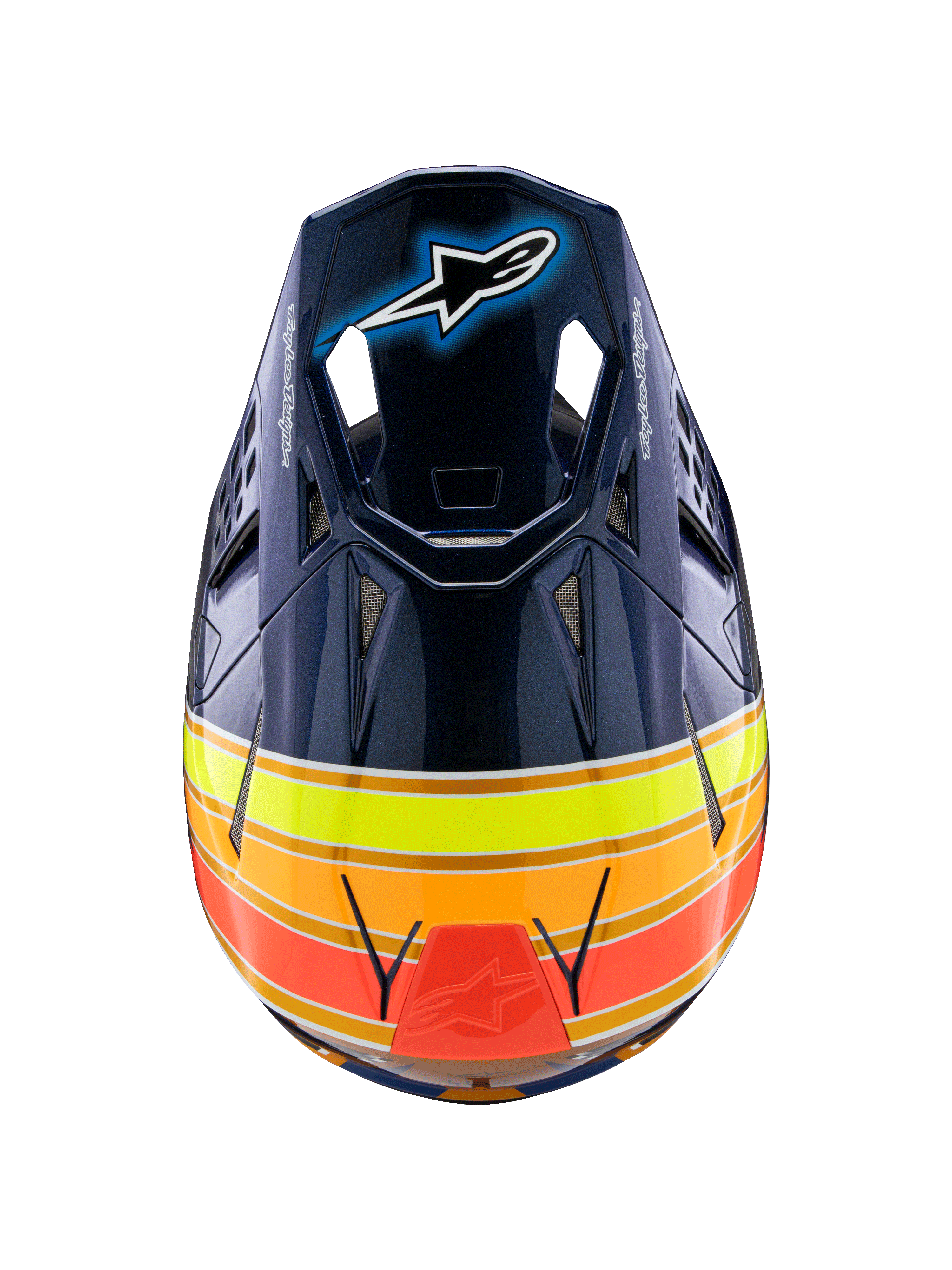Casque Alpinestars Supertech M10 TLD Edition 25, casque de motocross, bleu foncé brillant avec des rayures orange, jaune fluo et rouges, vue de dessus montrant la visière avec le logo Astar et les orifices de ventilation en maille, équipement de course tout-terrain professionnel