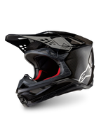 Alpinestars Supertech M10 Fame, casque de motocross noir mat et brillant, coque carbone 3K, certifié ECE 22.06, logo blanc