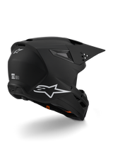 Alpinestars S-M3 Solid Helm ECE 22.06, motorcrosshelm, mat zwart, voorzien van wit Alpinestars-logo op de zijkant en achterkant, aerodynamische schaal met geïntegreerde ventilatieopeningen en een snelsluitend vizier, ontworpen voor off-road raceprestaties