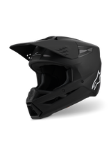 Alpinestars S-M3 Solid Helm ECE 22.06, motorcrosshelm, mat zwart, driekwart zijaanzicht met een groot vizier en ventilatieopeningen, gestroomlijnde aerodynamische schaal met een wit Alpinestars-logo, professionele off-road race-uitrusting