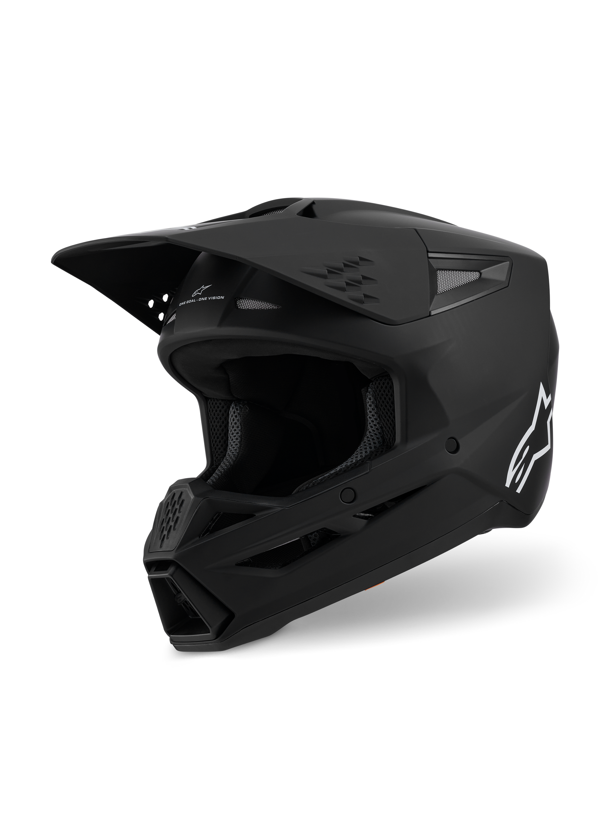 Alpinestars S-M3 Solid Helm ECE 22.06, motorcrosshelm, mat zwart, driekwart zijaanzicht met een groot vizier en ventilatieopeningen, gestroomlijnde aerodynamische schaal met een wit Alpinestars-logo, professionele off-road race-uitrusting