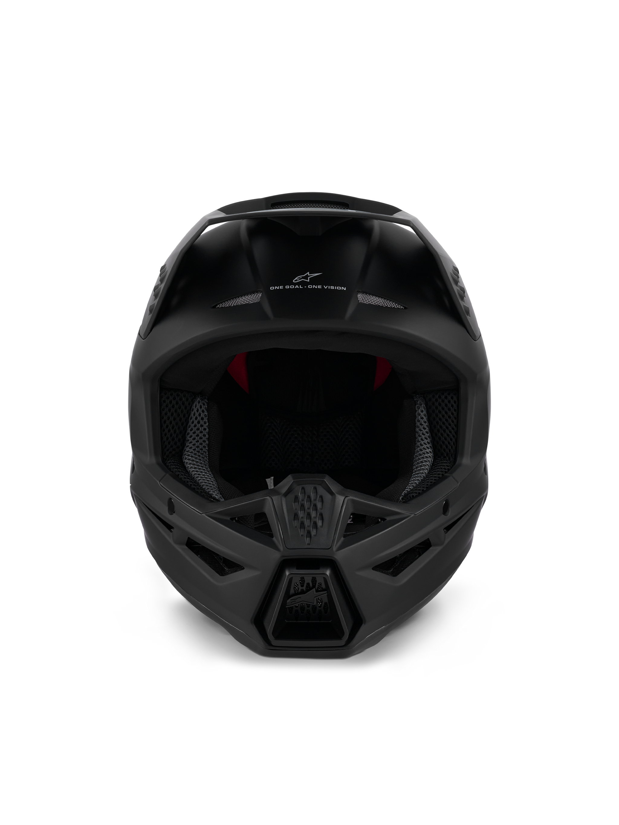 Alpinestars S-M3 Solid Helm ECE 22.06, motorcrosshelm, mat zwart, vooraanzicht met agressieve kinstukventilatie en 'ONE GOAL - ONE VISION' branding, strak ontwerp voor off-road racing