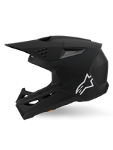 Alpinestars S-M3 Solid Helm ECE 22.06, motorcrosshelm, matzwart, zijaanzicht met wit Astars-logo, hoekig schaalontwerp met geïntegreerde ventilatieopeningen en beschermend vizier, off-road racing performance-uitrusting
