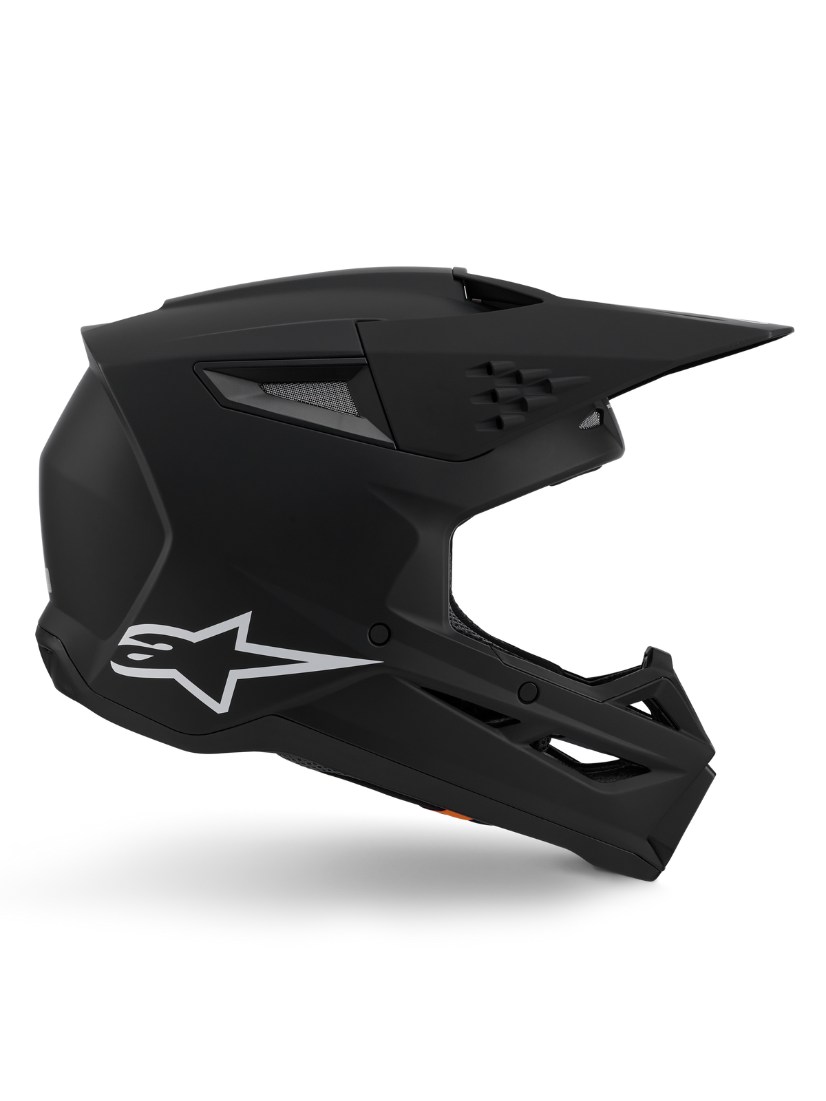Alpinestars S-M3 Solid Helm, Motocross-Helm, matt-schwarzes Finish, Seitenansicht mit weißem Alpinestars-Logo, aerodynamische Schale mit mehreren Belüftungsöffnungen und großem Visier, professioneller Offroad-Kopfschutz
