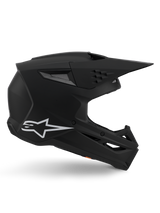 Alpinestars S-M3 Solid helm, motorcrosshelm, matzwarte afwerking, zijprofiel met wit Alpinestars-logo, aerodynamische schaal met meerdere ventilatieopeningen en een groot vizier, professionele off-road beschermende helm