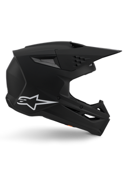 Casque Alpinestars S-M3 Solid, casque de motocross, finition noir mat, profil latéral avec logo Alpinestars blanc, coque aérodynamique avec plusieurs orifices de ventilation et large visière, équipement de protection tout-terrain de qualité professionnelle