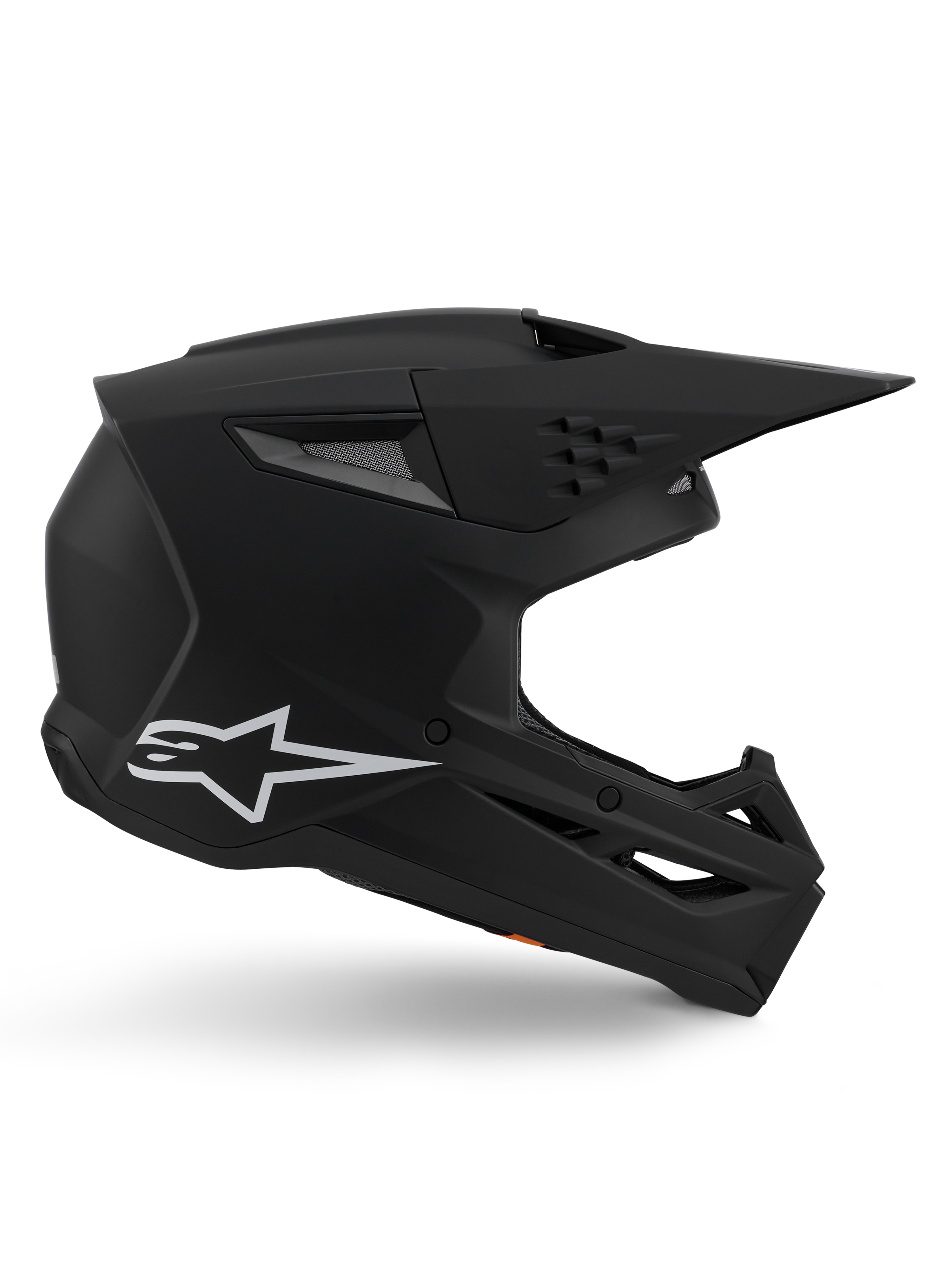 Casque Alpinestars S-M3 Solid, casque de motocross, finition noir mat, profil latéral avec logo Alpinestars blanc, coque aérodynamique avec plusieurs orifices de ventilation et large visière, équipement de protection tout-terrain de qualité professionnelle
