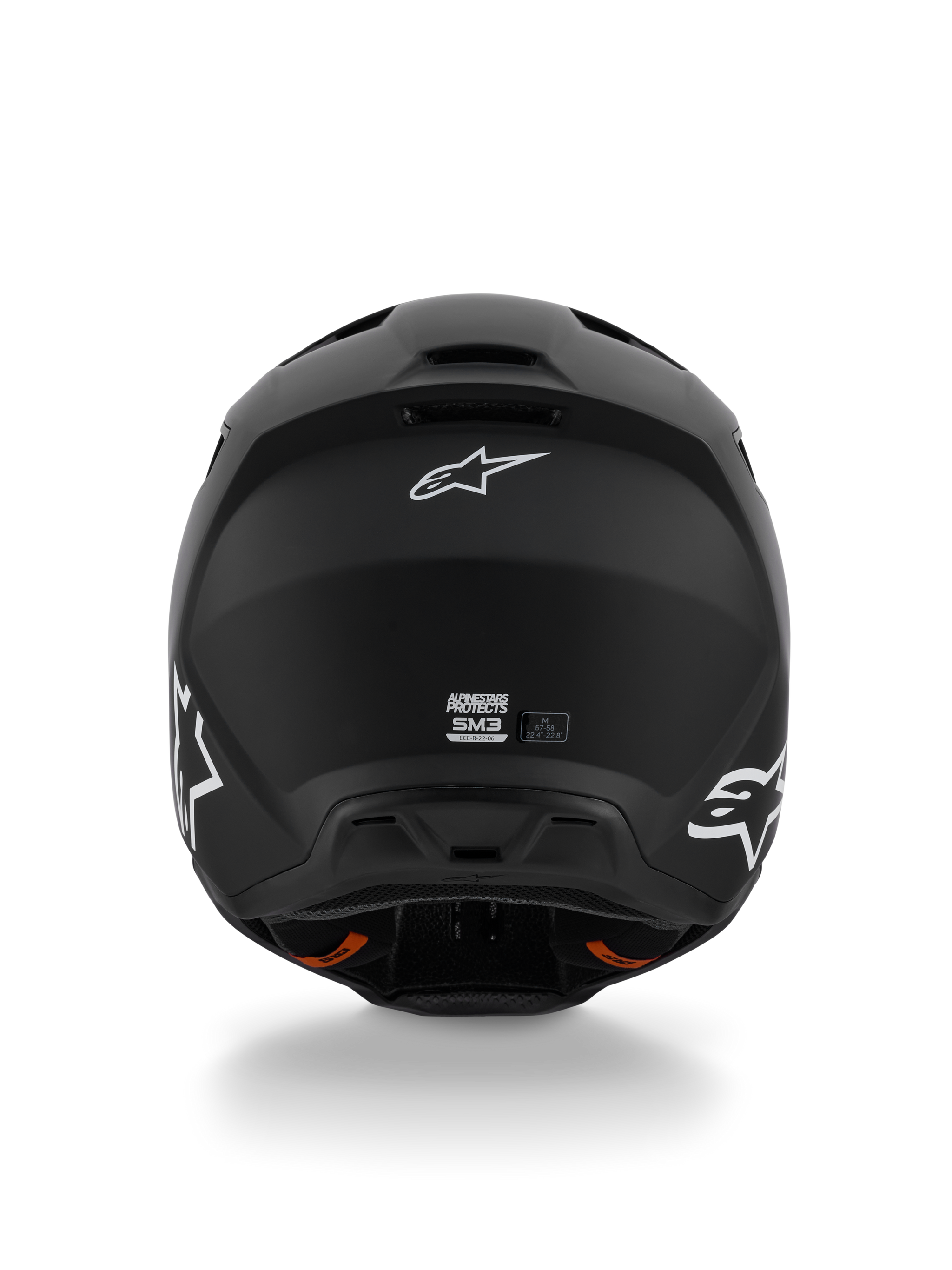 Alpinestars S-M3 Solid Helm ECE 22.06, motorcrosshelm, mat zwart, achteraanzicht met witte Alpinestars Astar-logo's, ventilatie-uitlaatopeningen aan de basis, strakke matte afwerking voor off-road rijden