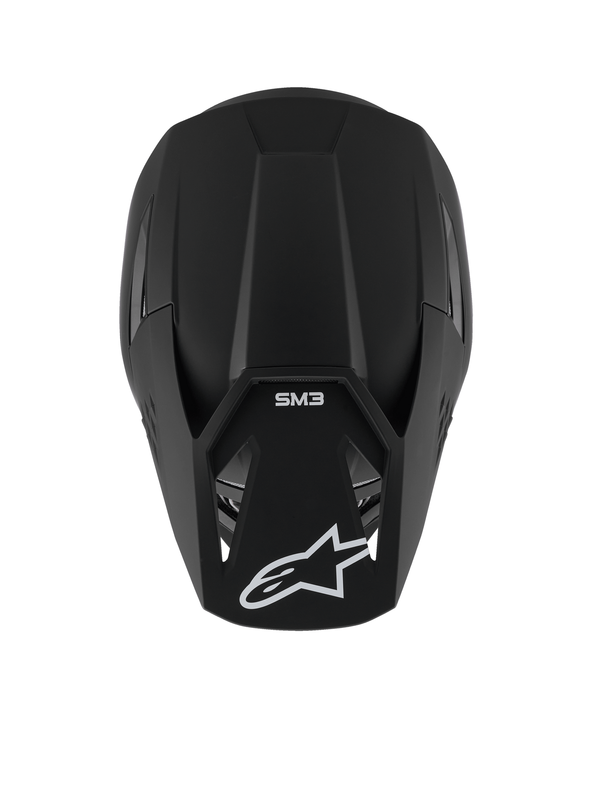 Alpinestars S-M3 Solid helm, motorcrosshelm, Black Matt, bovenaanzicht dat de matte textuur en aerodynamische schaal toont, voorzien van wit Alpinestars sterlogo op de klep en SM3-branding, premium hoofdbescherming voor off-road racing
