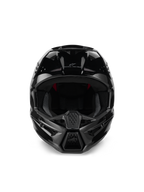 Alpinestars S-M3 Solid Helm ECE 22.06, motorcrosshelm, glanzend zwart, vooraanzicht met ventilatie-inlaatopeningen, gestroomlijnde aerodynamische schaal met glanzende afwerking, voorzien van Alpinestars-logo en 'One Goal. One Vision.' branding