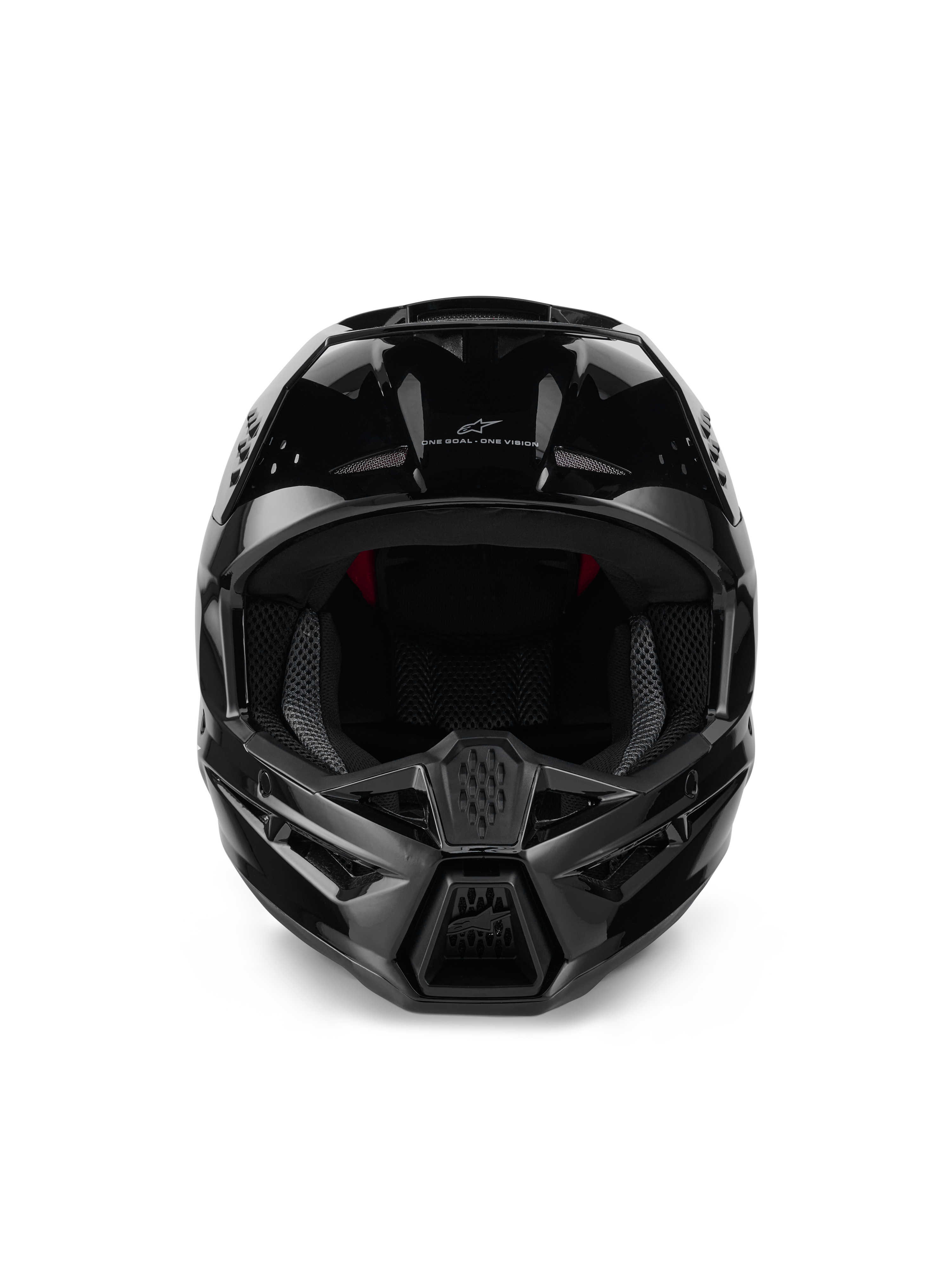 Alpinestars S-M3 Solid Helm ECE 22.06, motorcrosshelm, glanzend zwart, vooraanzicht met ventilatie-inlaatopeningen, gestroomlijnde aerodynamische schaal met glanzende afwerking, voorzien van Alpinestars-logo en 'One Goal. One Vision.' branding