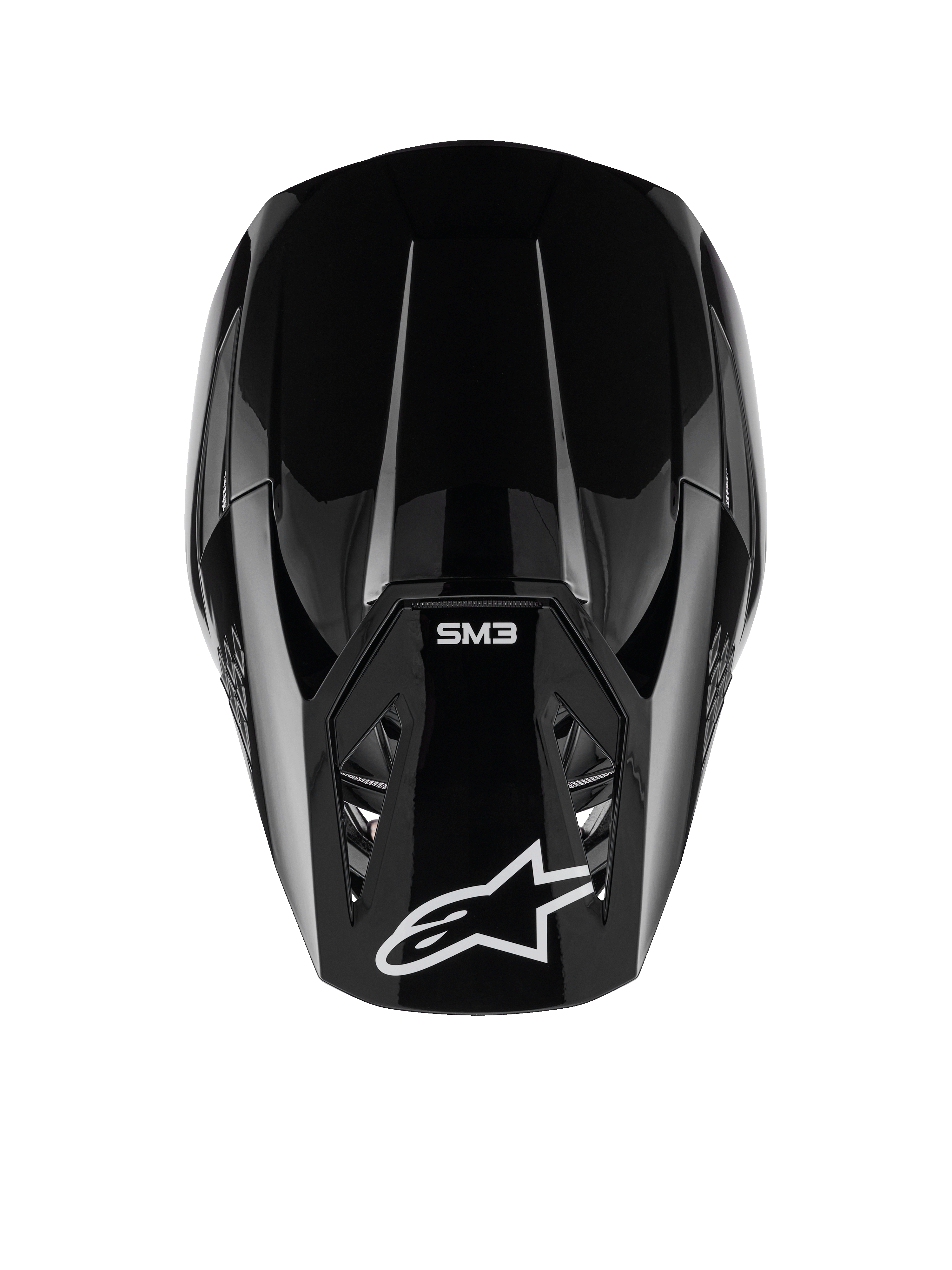 Alpinestars S-M3 Solid helm, motorcrosshelm, glanzend zwart, bovenaanzicht met wit Alpinestars-logo en SM3-branding op het vizier, gestroomlijnd aerodynamisch ontwerp, professionele off-road bescherming