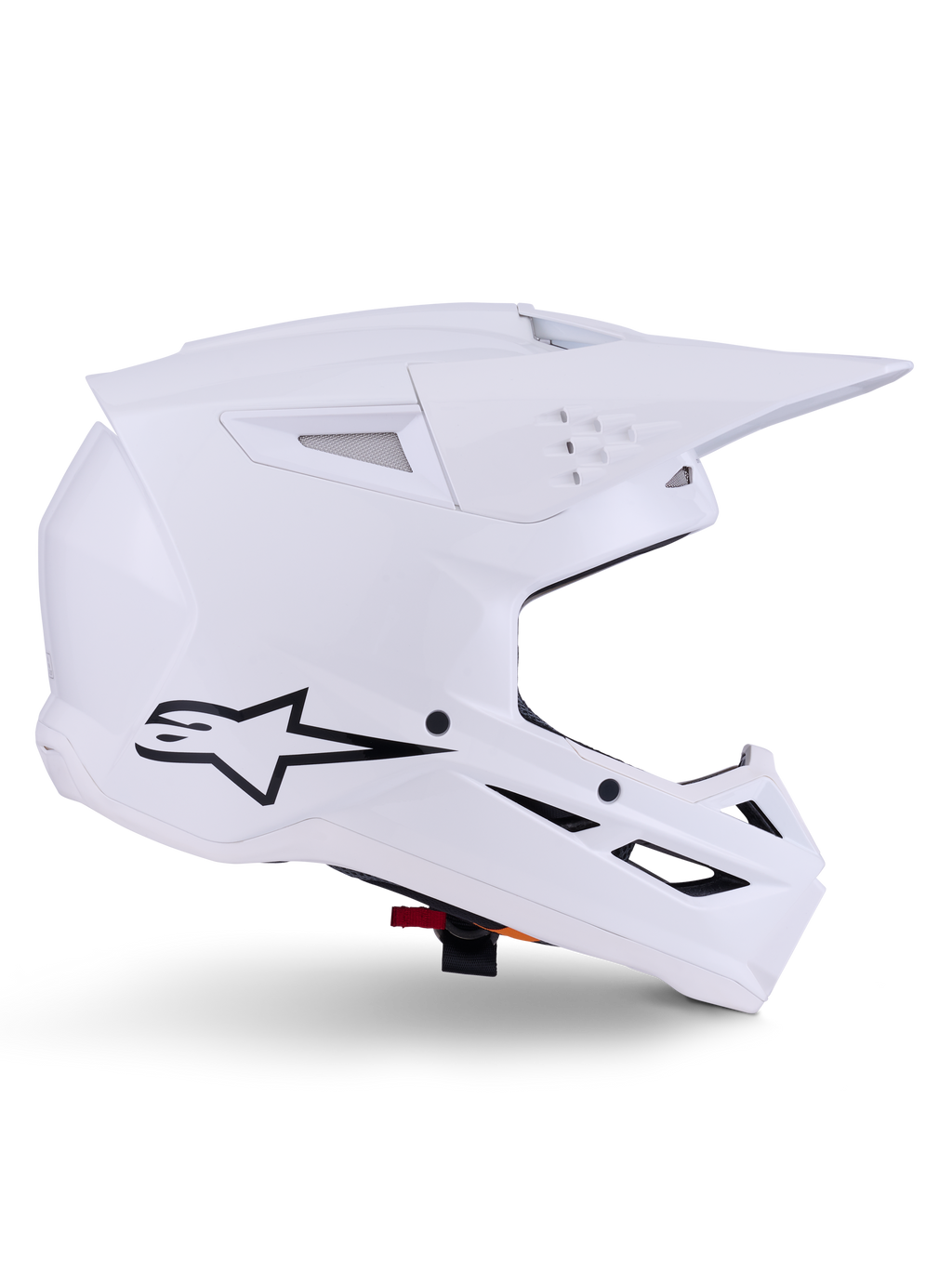 Alpinestars S-M3 Solid helm, motorcrosshelm, glanzend wit, zijaanzicht met zwart sterlogo, hoekige aerodynamische schaal, meerdere ventilatieopeningen, geïntegreerd vizier en kinbeschermer, off-road racebescherming