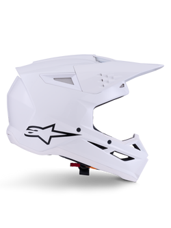 Casque Alpinestars S-M3 Solid, casque de motocross, blanc brillant, vue de profil avec logo étoile noir, coque aérodynamique angulaire, multiples aérations, visière et mentonnière intégrées, protection de course tout-terrain